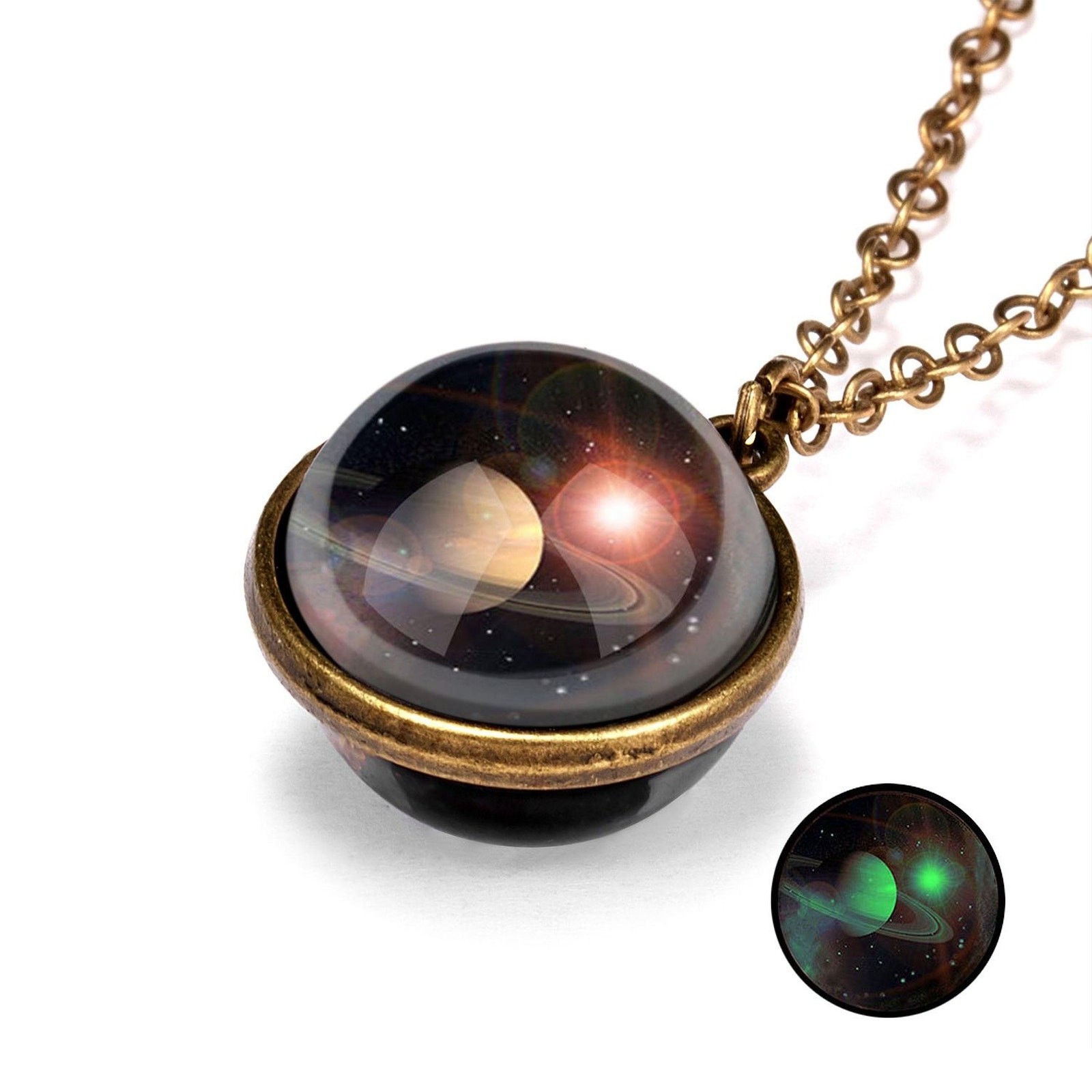 Double-Sided Galaxy Necklace – Glass Dome Pendant with Vintage Chain