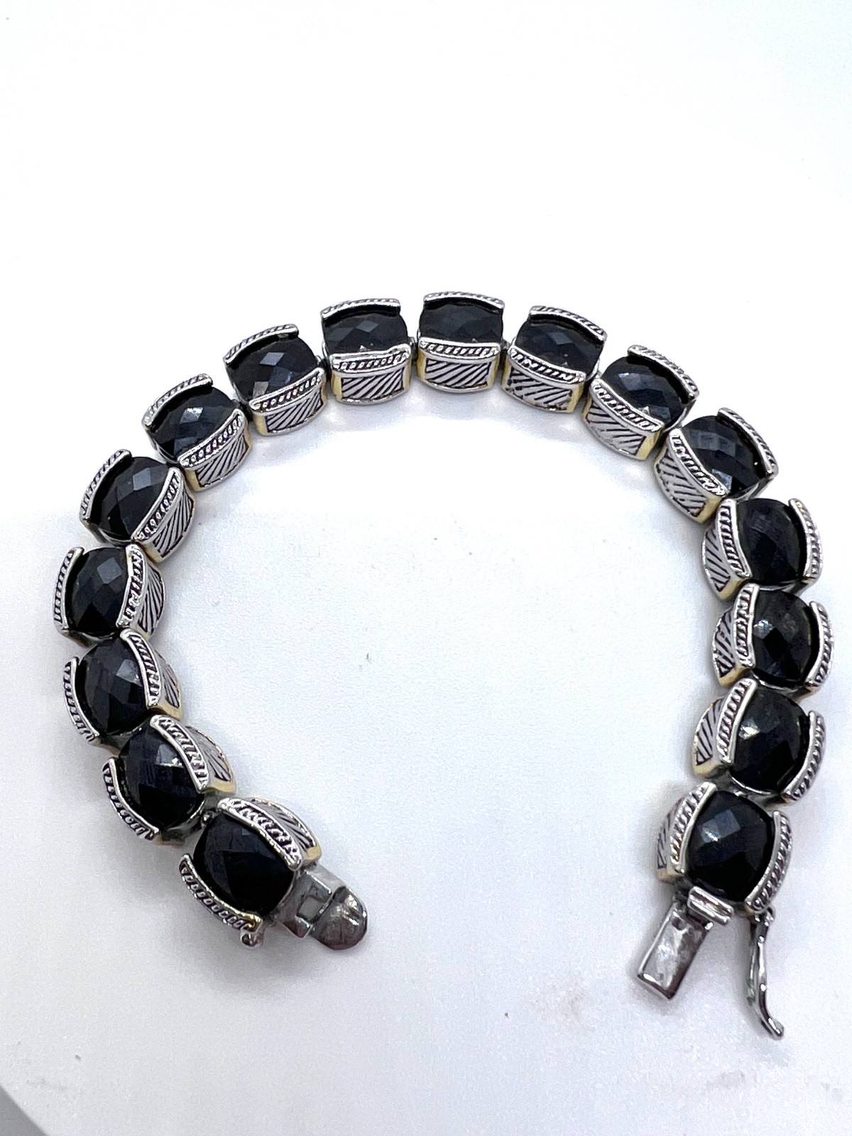 Vintage 90s Silver Tone Black Glass Square Link Bracelet Boho Fashion Jewelry
