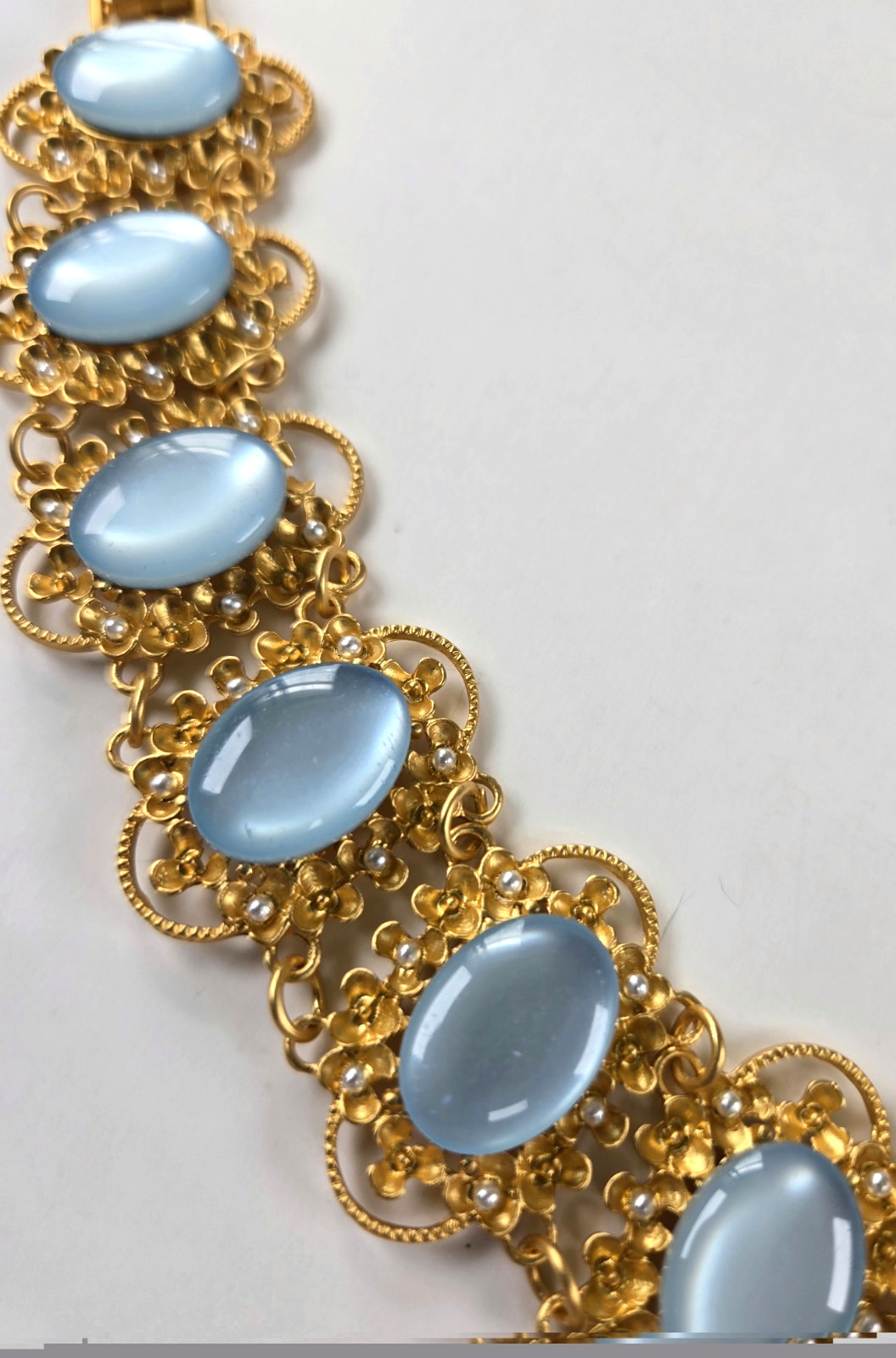 Moonglow Blue Lucite Gold Link Collar, Vintage Filigree Choker Necklace