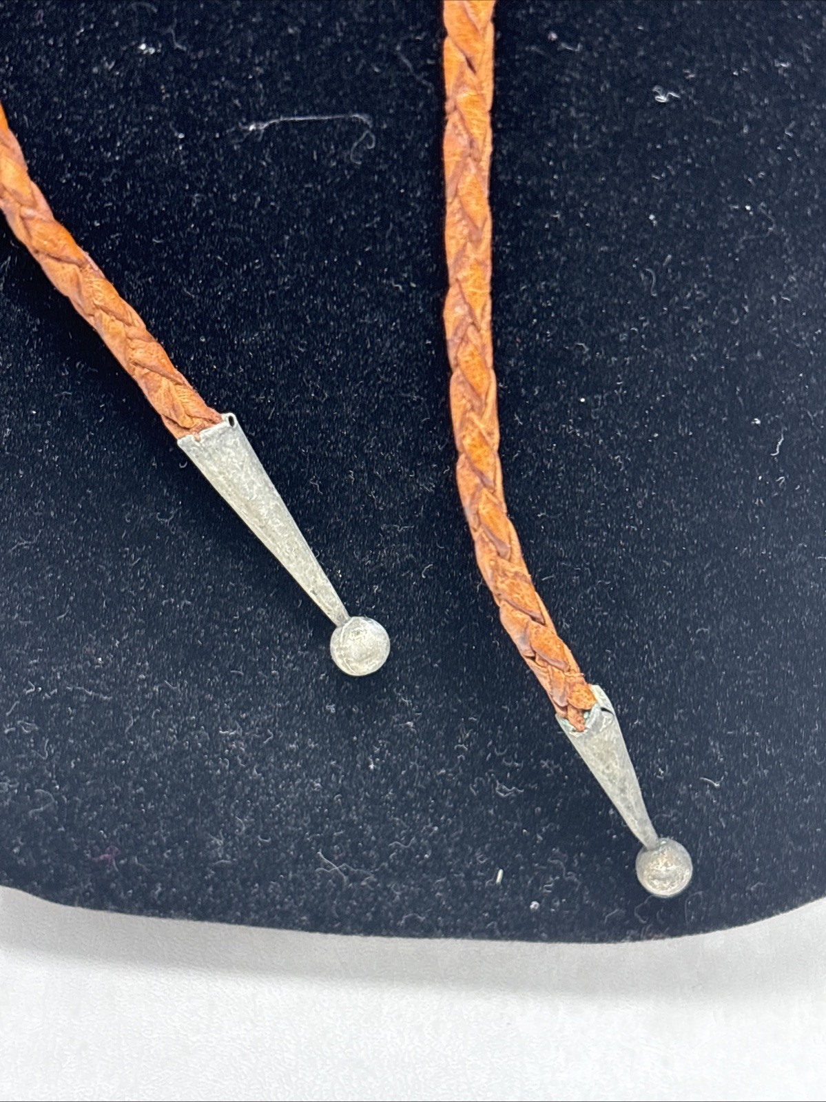 Vintage Tooled Alpaca Silver Tiger’s Eye Bolo Tie Braided Leather Southwestern