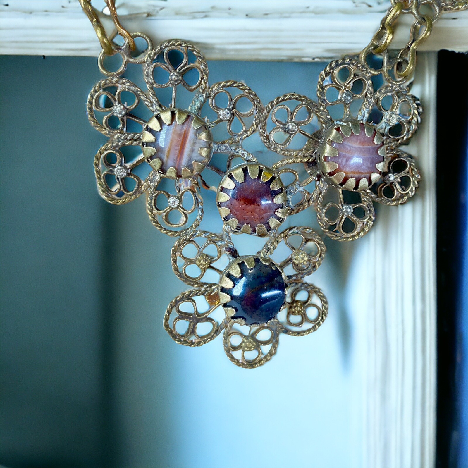 Vintage Handmade German Silver Filigree Semi Precious Stones Statement Necklace
