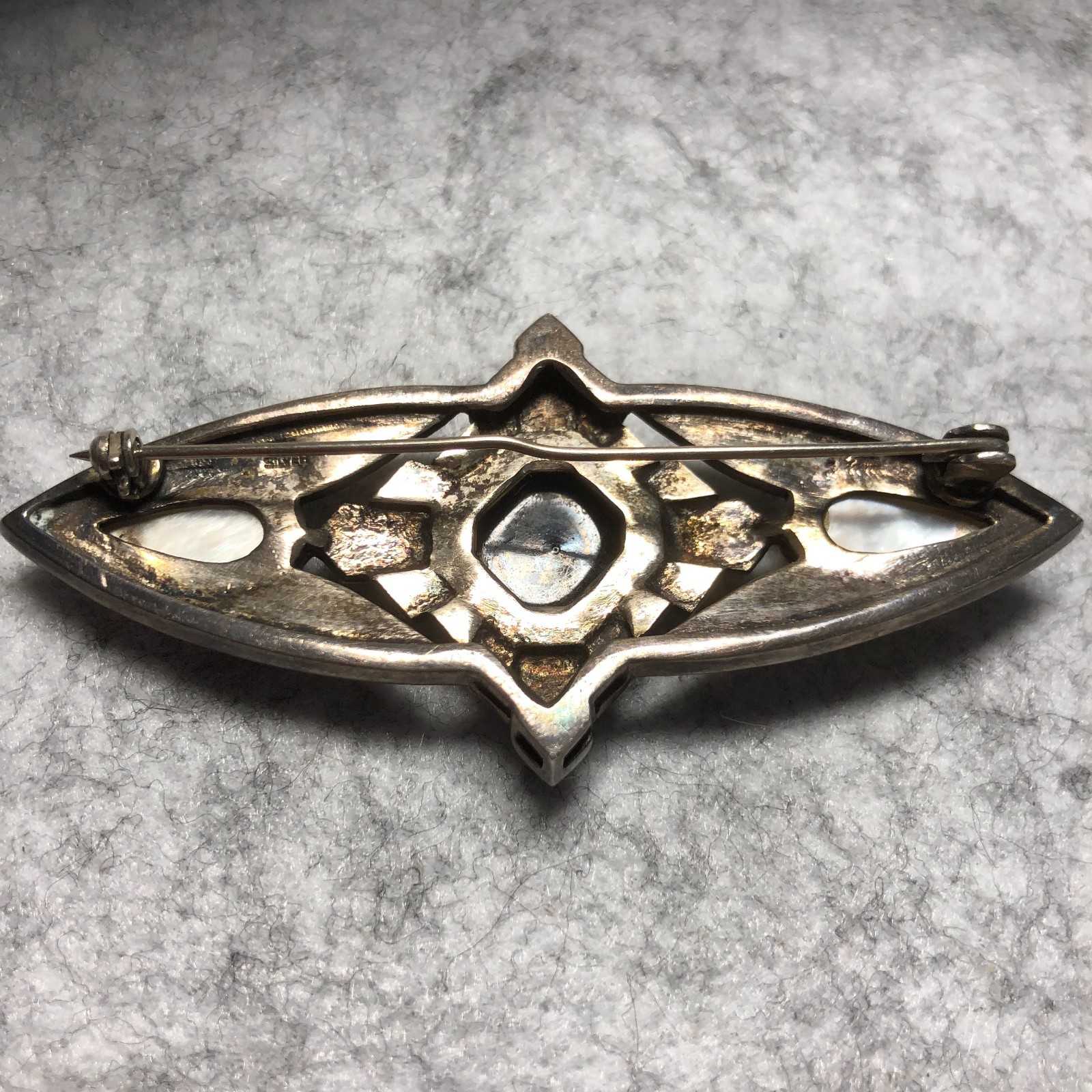 925 Sterling Silver Vintage/Antique Black Onyx ~ Pearl~Marcasite Art Deco Brooch