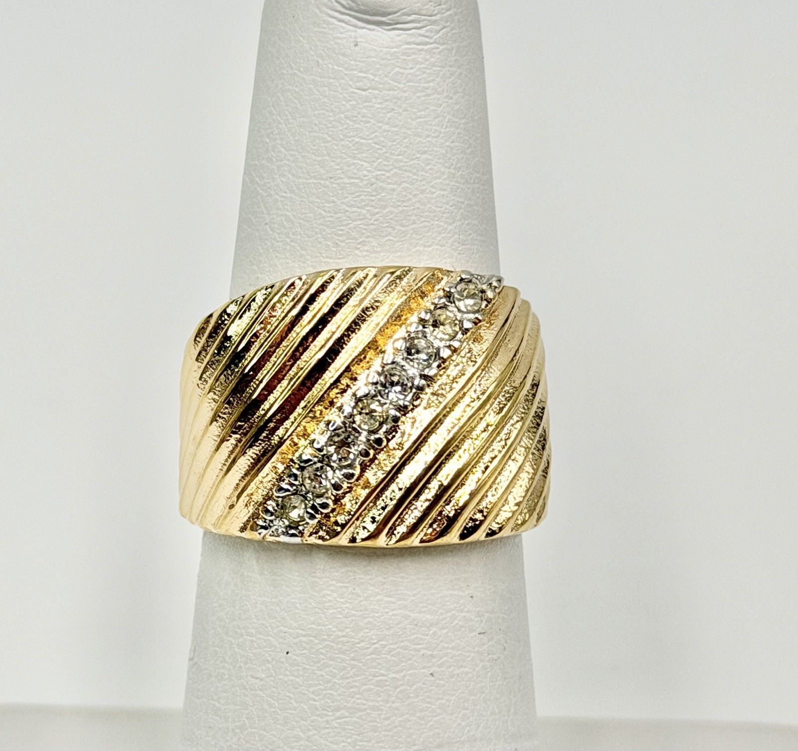 Vintage Aurora Jewelry CO Ring Gold Tone Clear Rhinestone Wide 18kt HGE Sz 6.75