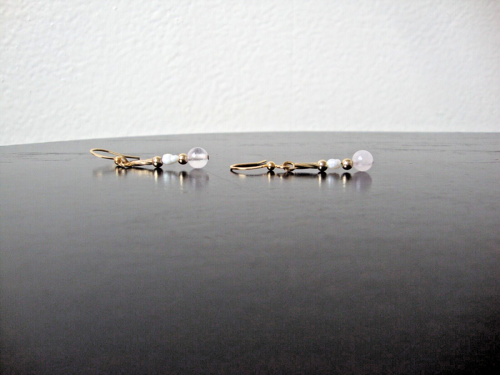 VTG HANDMADE 6MM ROSE QUARTZ RICE PEARL YELLOW GOLD PLATED DANGLE HOOK EARRINGS