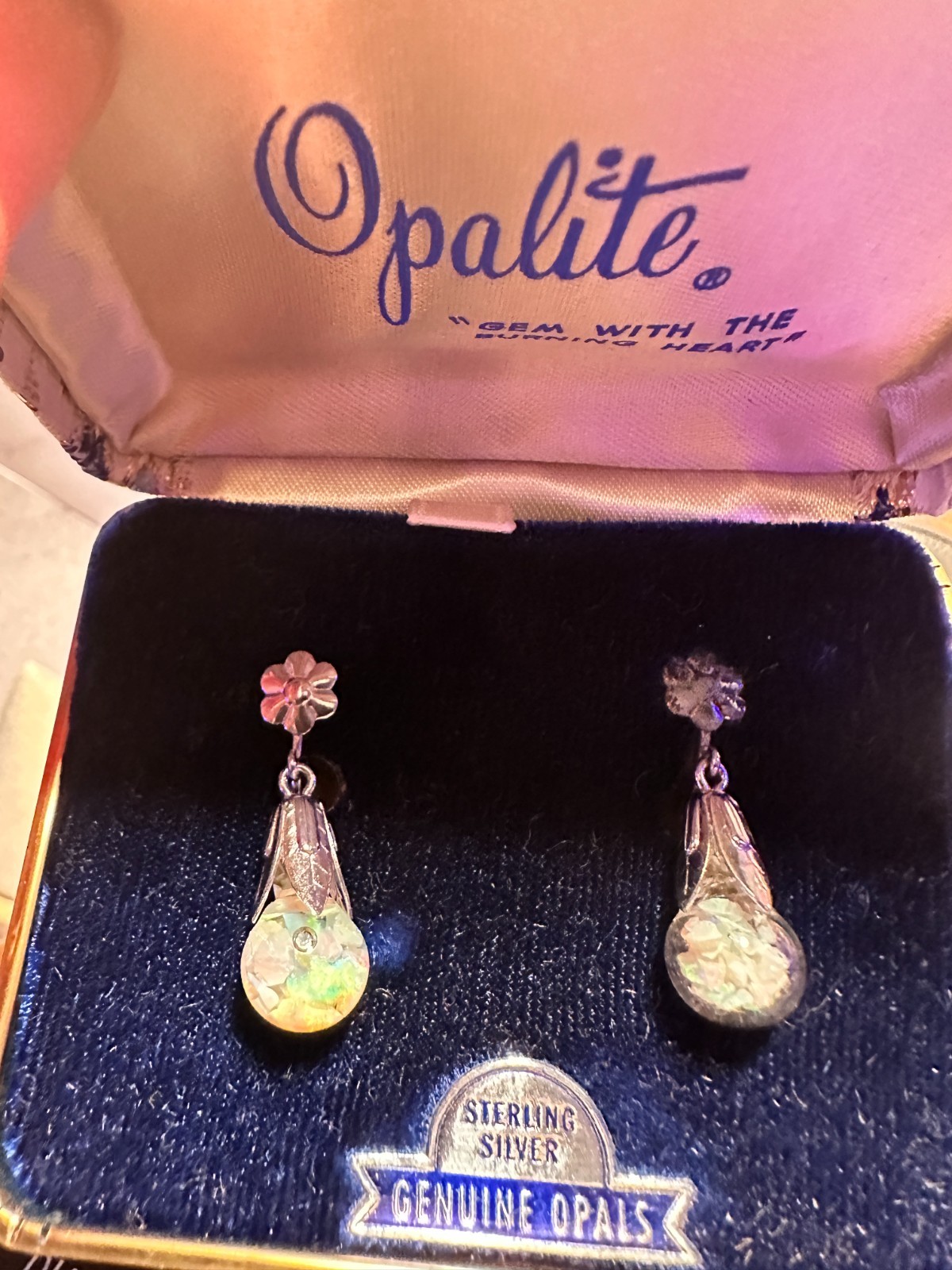 Vintage Opalite Floating Opal Sterling Silver Flower Leaf Earrings