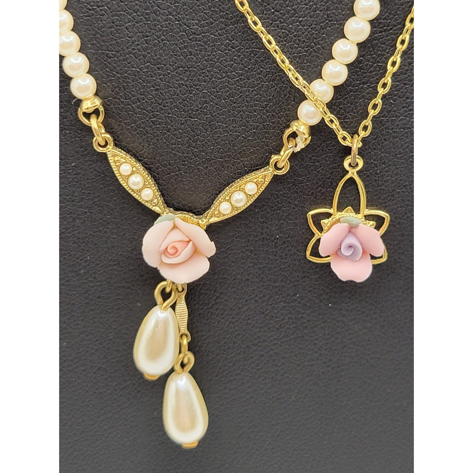 1928 Brand Pink Rose Pendant Necklace Faux Pearls Vintage Set Pierced Earrings