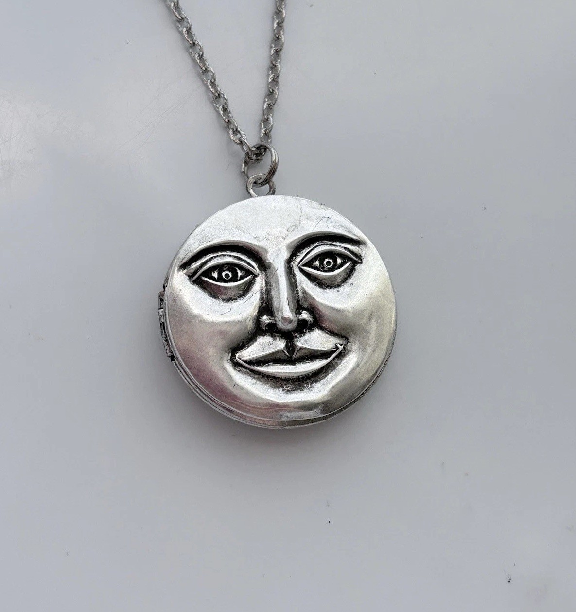 Full Moon Face Locket Necklace Sterling Silver Chain Secret Pillbox Vtg Pendant