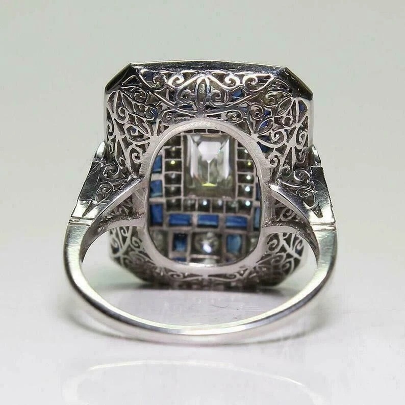 Art Deco Vintage Style Lab Created Diamond Engagement 14K White Gold Finish Ring