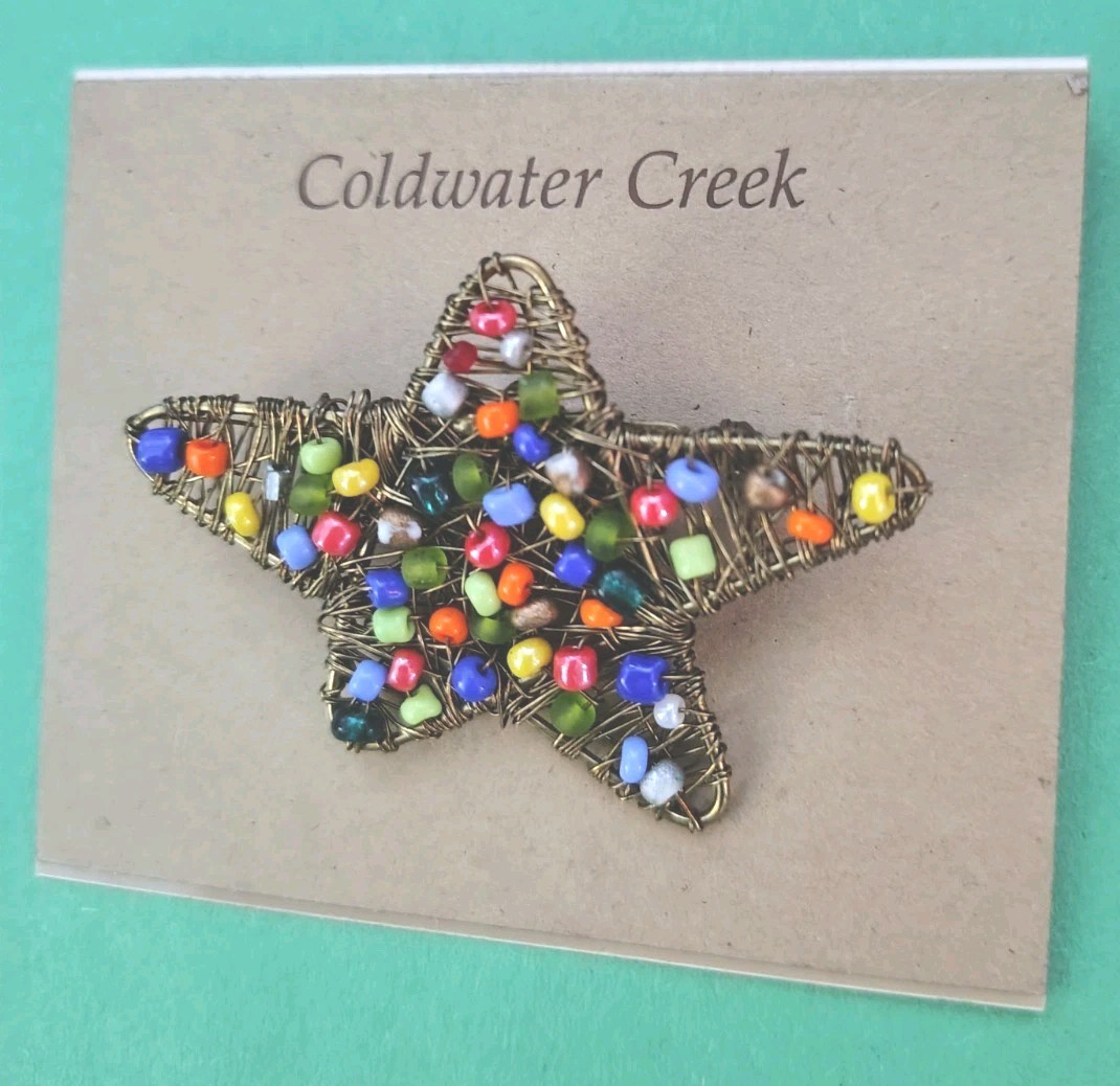 Vintage COLDWATER CREEK Wrapped Star Seed Beaded Brooch In Bronze Tone