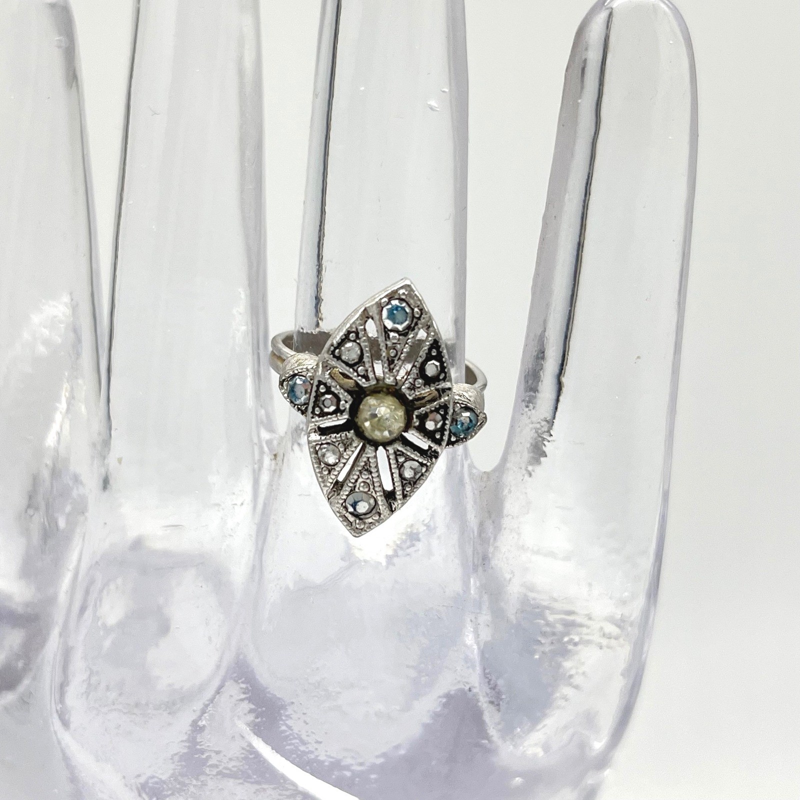 Vintage Sara Coventry Marquise Ring Blue Stone Silver Tone Ring Adjustable