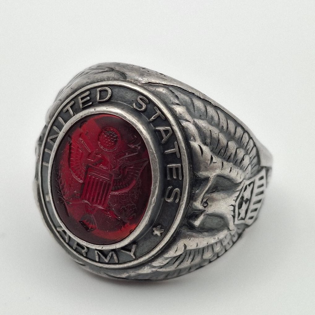 Vintage 925 Sterling Silver US Army Seal Red Intaglio Glass Signet Ring Size 7.5