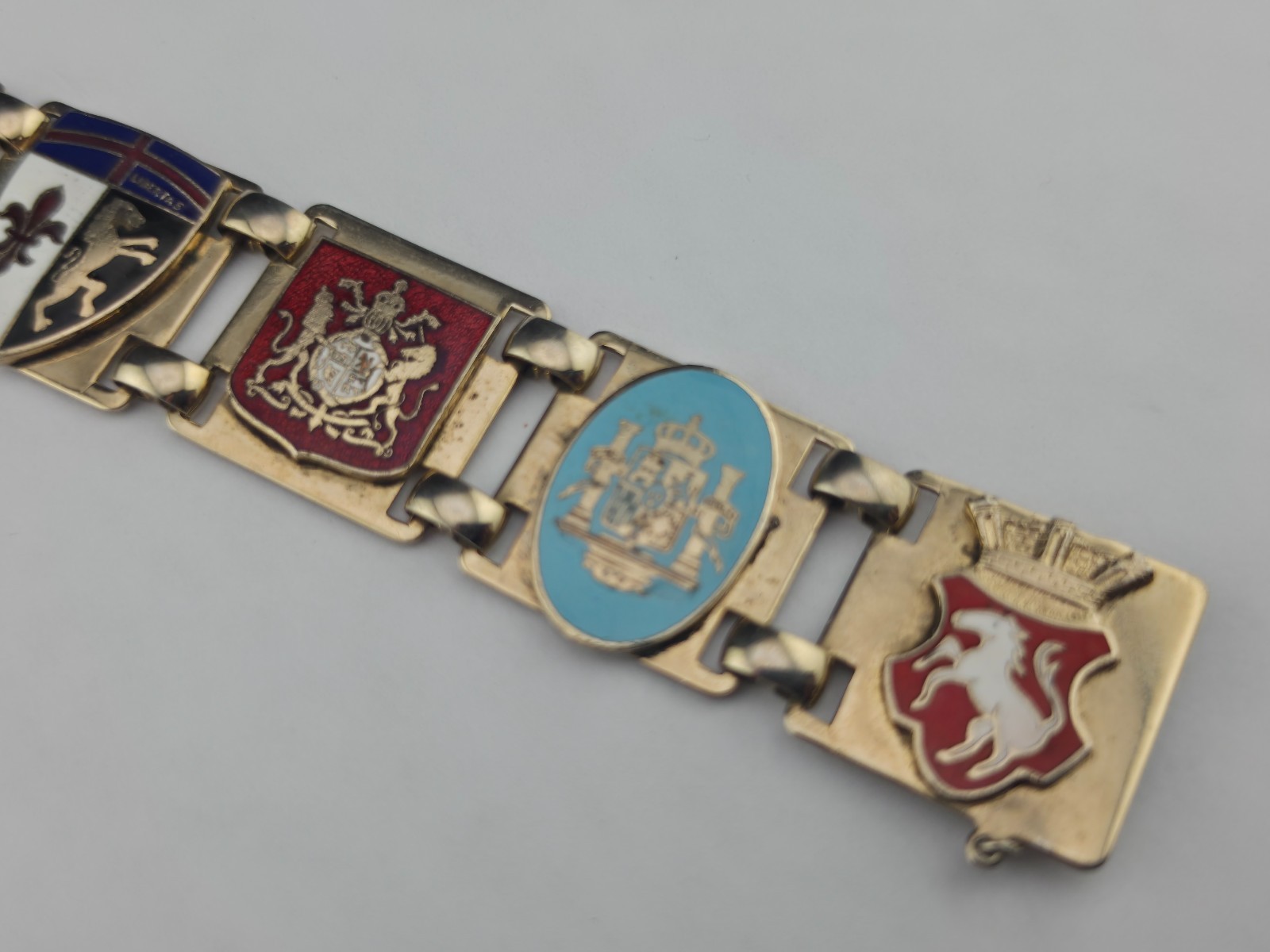 Vintage French Souvenir Bracelet 7″ Colorful Heraldic Cloisonne Enamel Panels