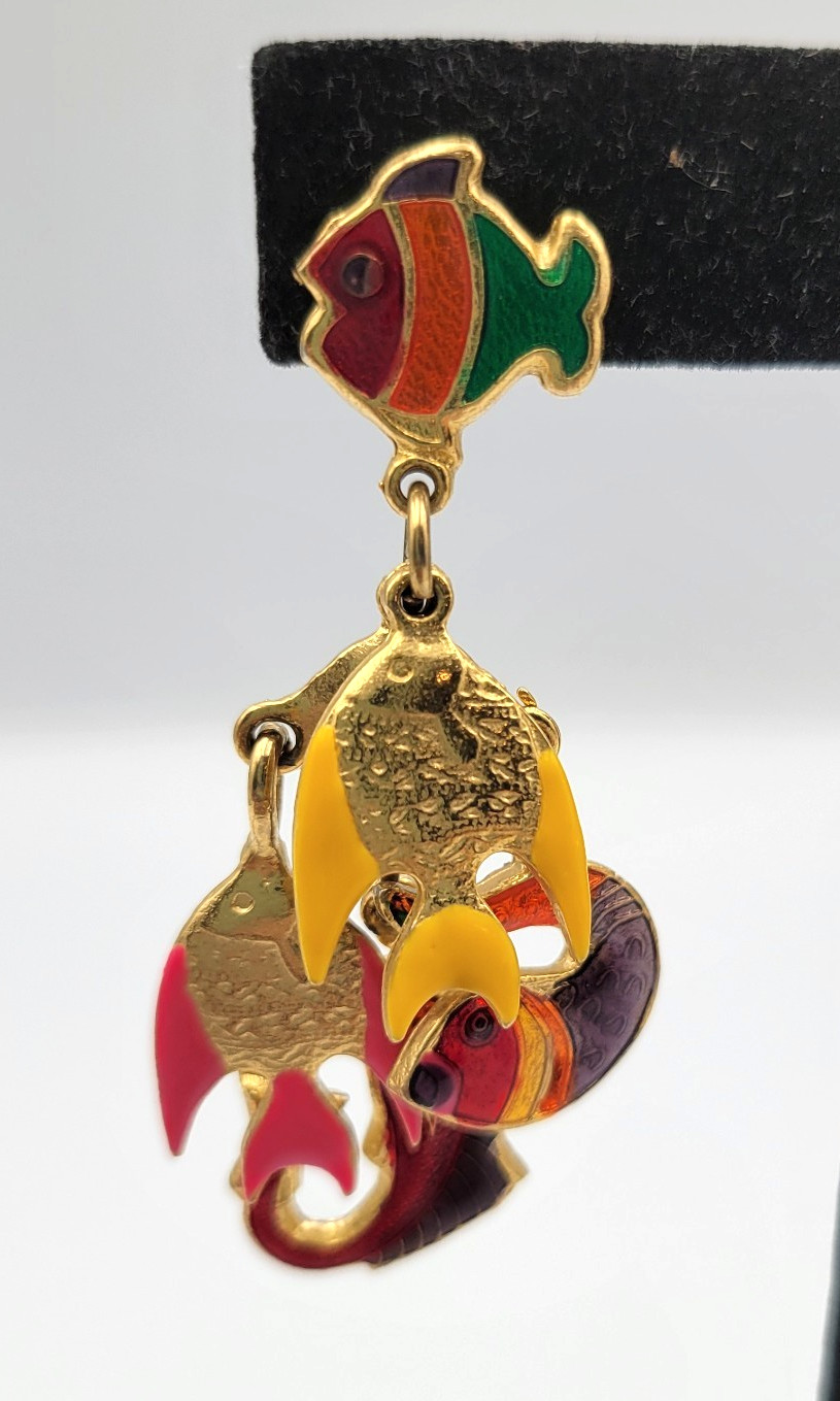 Vintage Don-Lin Enamel Tropical Fish Dangle Drop Earrings Pierced Gold Tone