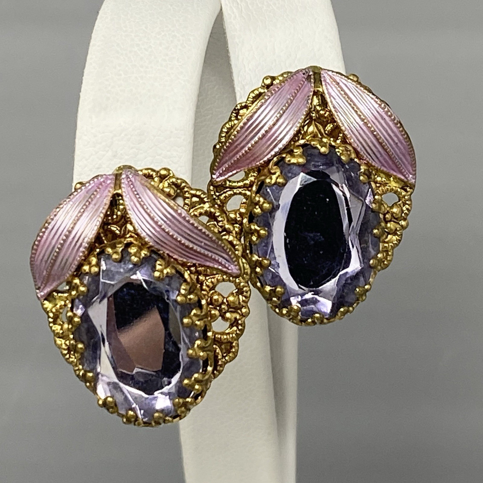 Purple Glass Rhinestone Earrings Pierced Enamel Silk Ribbon W Germany Style 1″