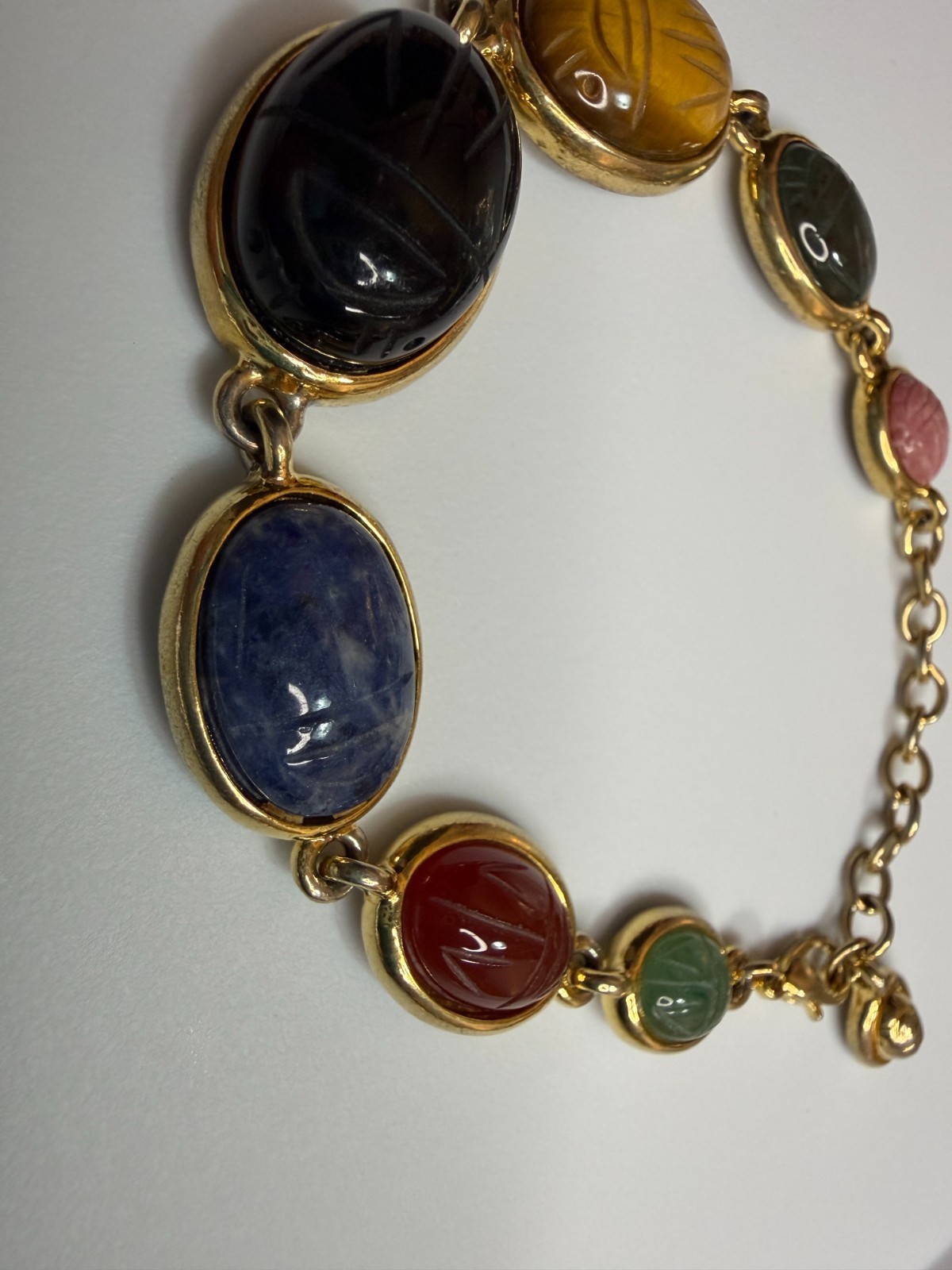 Vintage Multi Gemstone Egyptian Revival Scarab Link Bracelet Mid-Century Rainbow