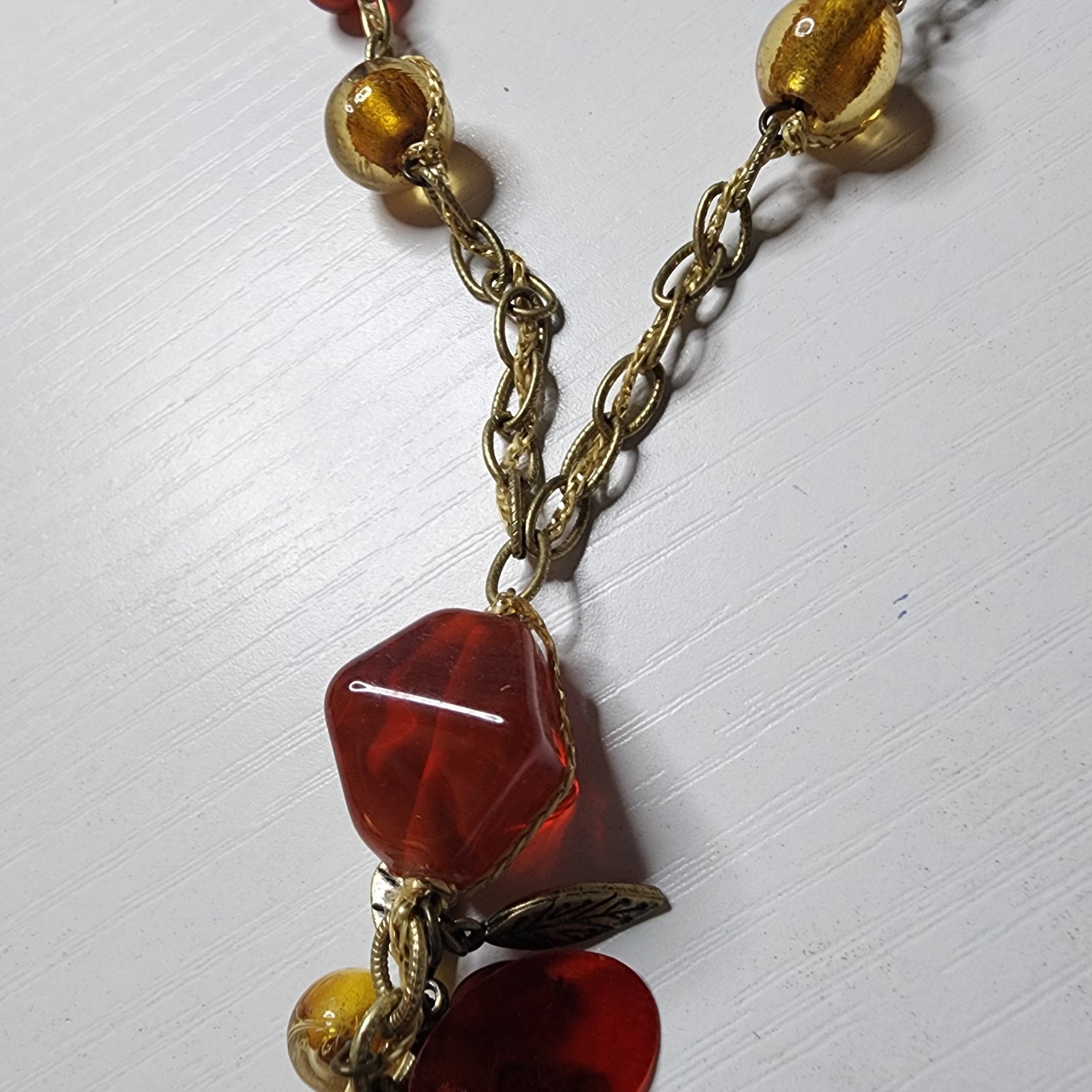 Vintage Coldwater Creek Red Yellow Glass Beaded Necklace Signed Nature Leaf Adj.