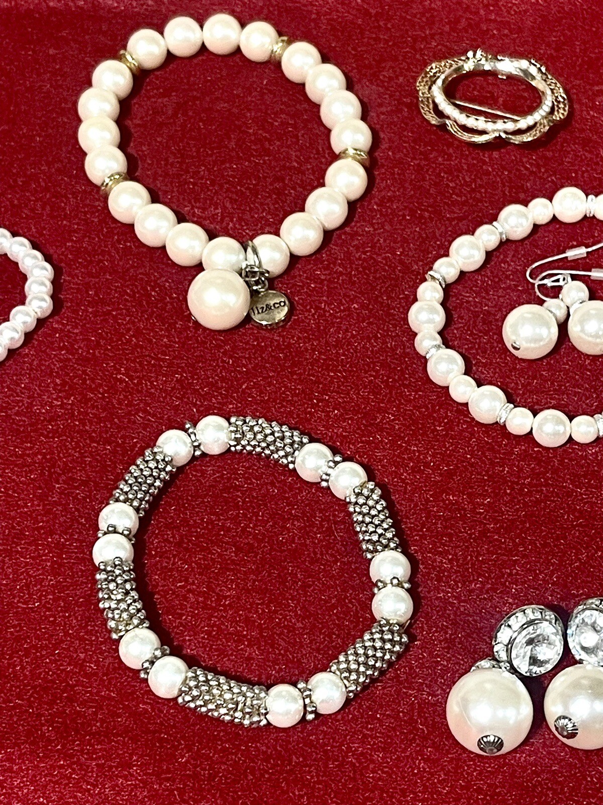 Pearl Jewelry Lot 5 Bracelets, 1 Pin And 7 Earrings Gold Silver Rhinestones Nice
