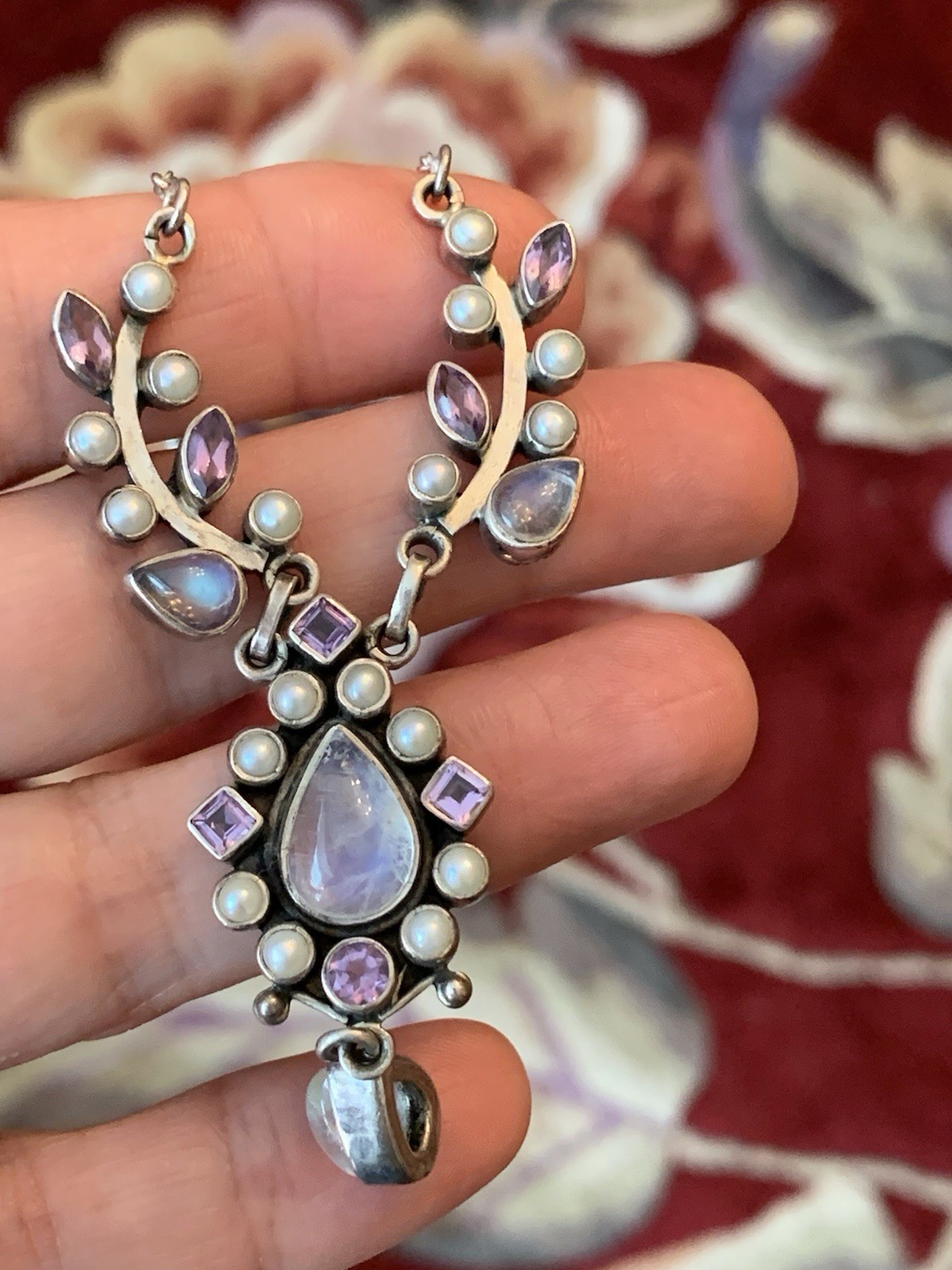 Sterling multi gem necklace vintage made in India. rare. Amethyst, moonstone