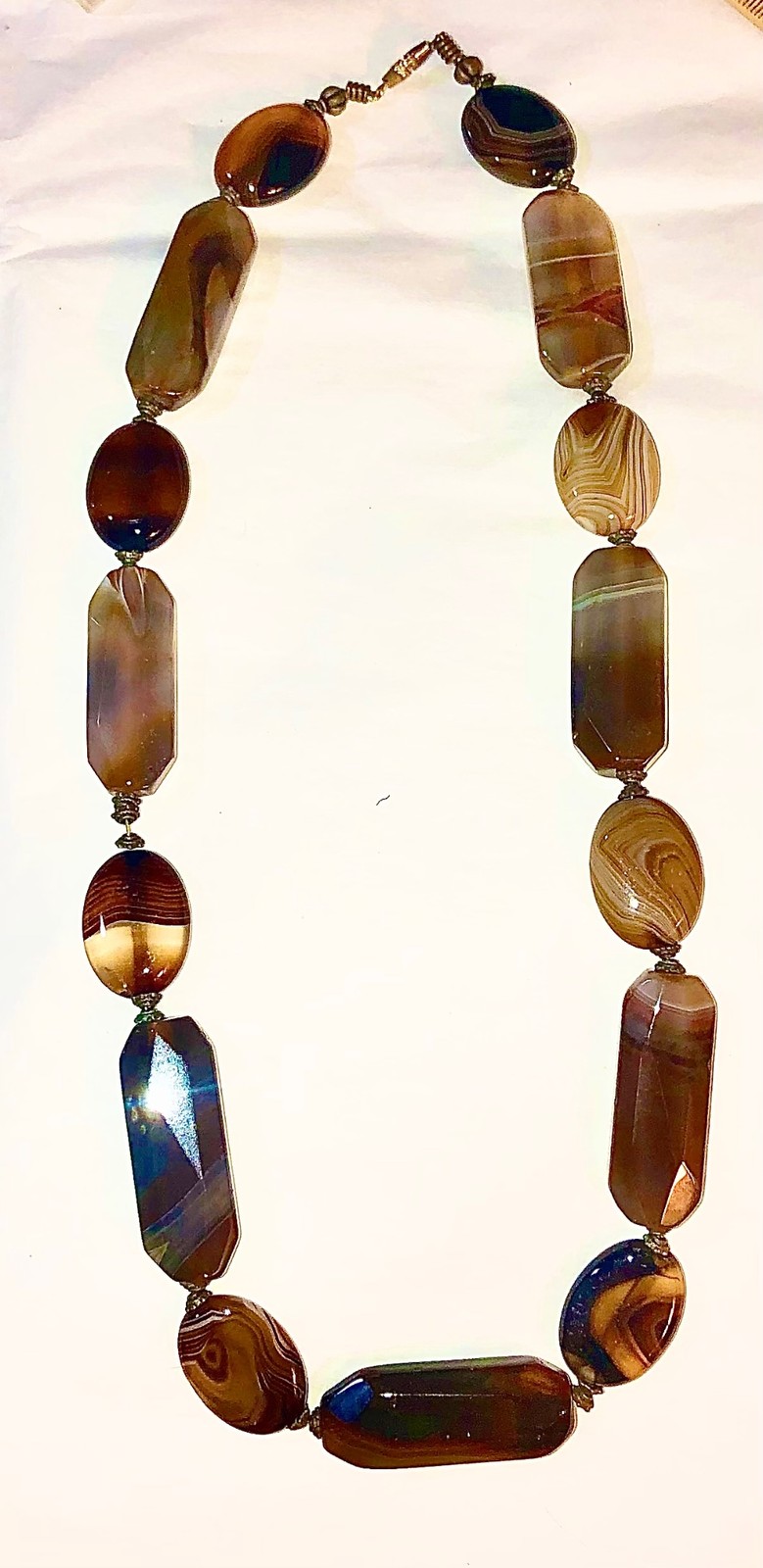 Antique Scottish Banded Agate Necklace Natural Stone Victorian Vtg Antique 22”