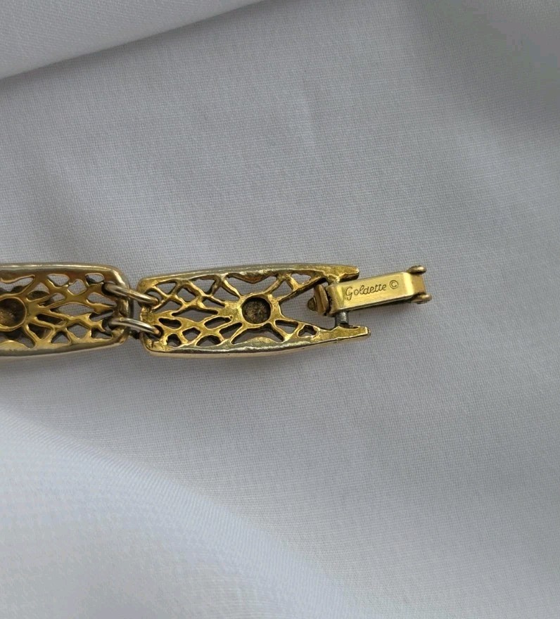 1960s Goldette NY Multi-Stone Gold Tone Bracelet 7.25″ Lattice Links