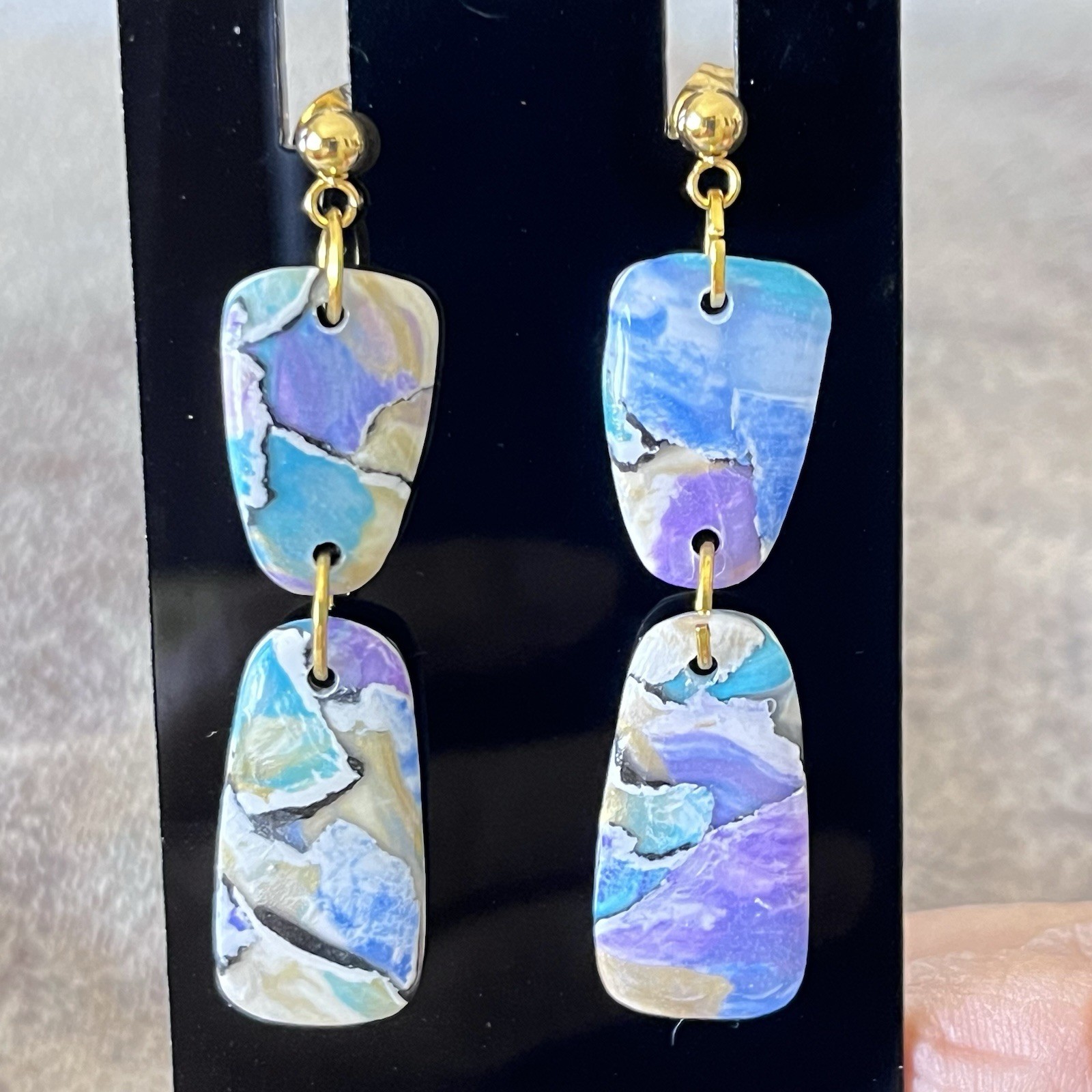 Rectangle Dangle Pierced Earrings Blue, Purple, White Swirl Glam MCM Gold Tone