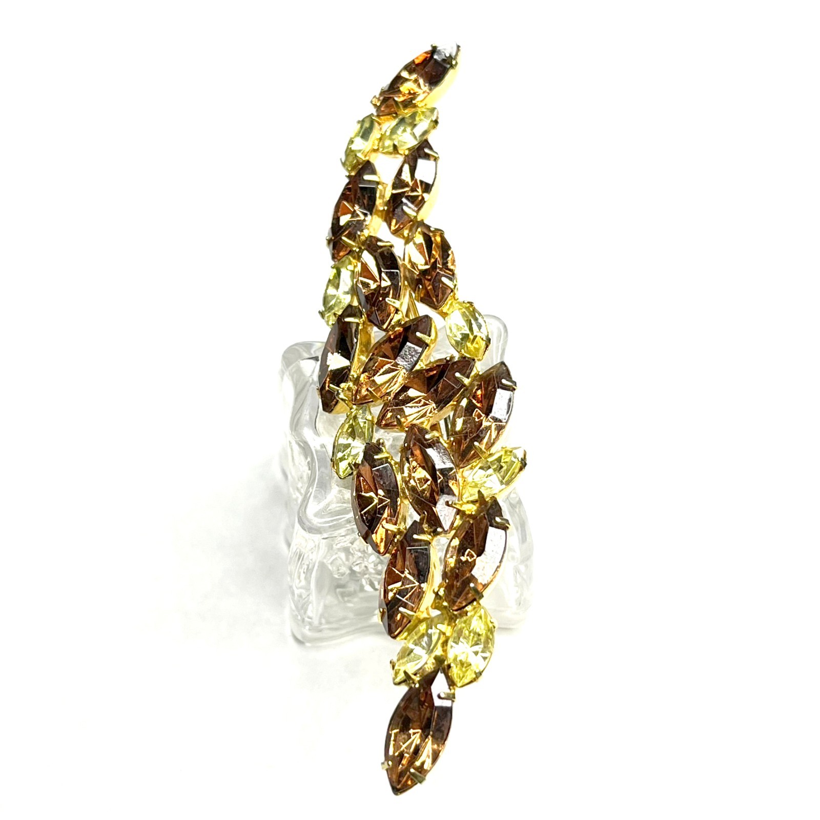 Large VTG Juliana? Leaf Flame Swoosh Brown Yellow Navette Rhinestone Pin Brooch