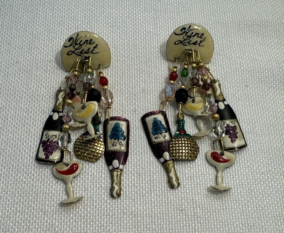 Lunch At The Ritz Wine List Earrings Crystal Enamel Dangle Pierced Ears