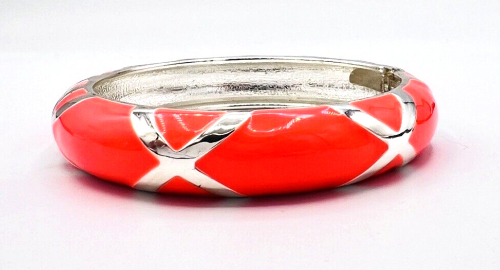 Vintage Silver Tone Bright Neon Coral Orange Enamel Hinged Bangle Bracelet