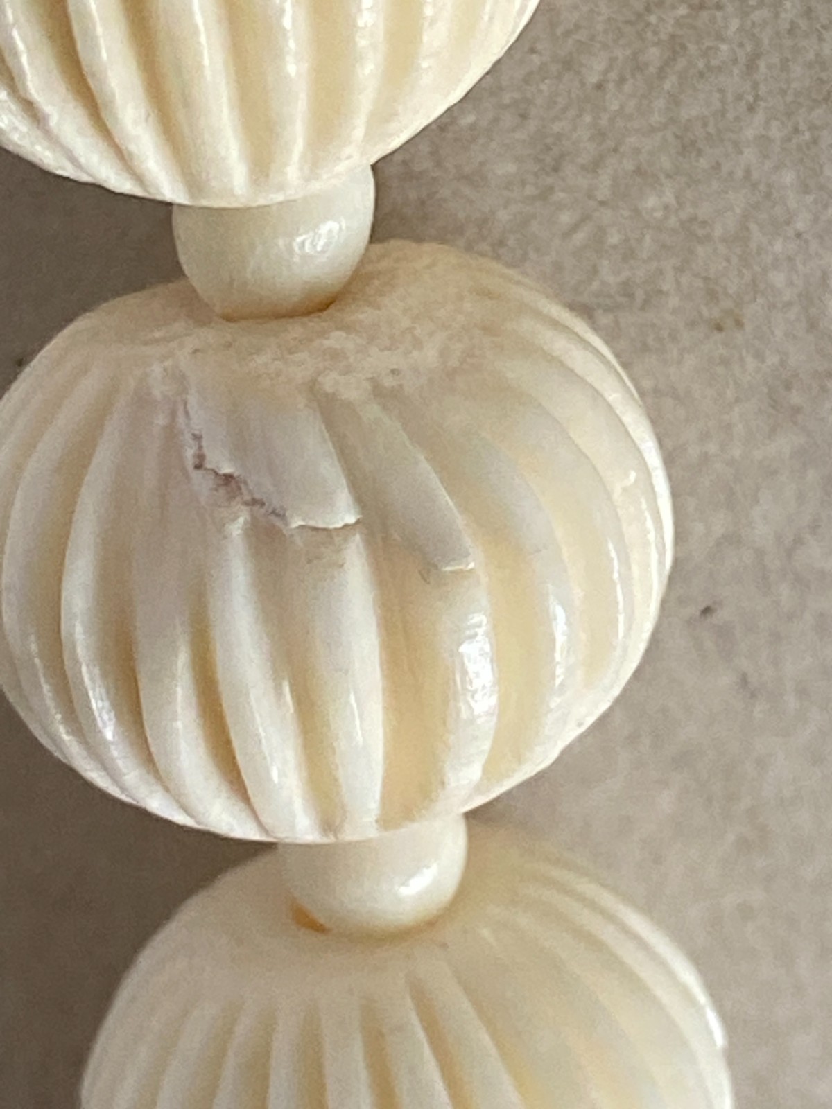 Vintage Carved Beaded Necklace Faux Ivory Celluloid Ribbed Beads Barrel Closure