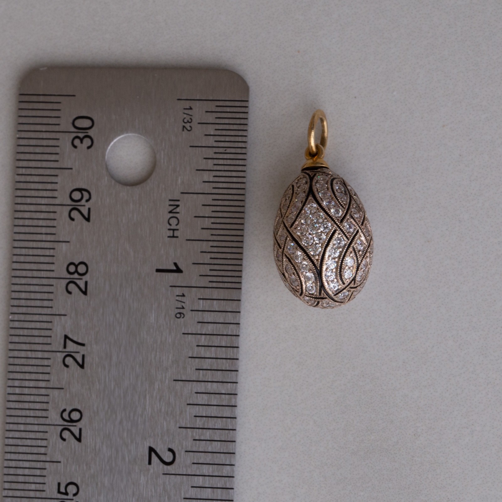 Vintage Soviet Era c.1990 Fully Pavé Enamel Egg Pendant 18k 750 Gold 960 Silver