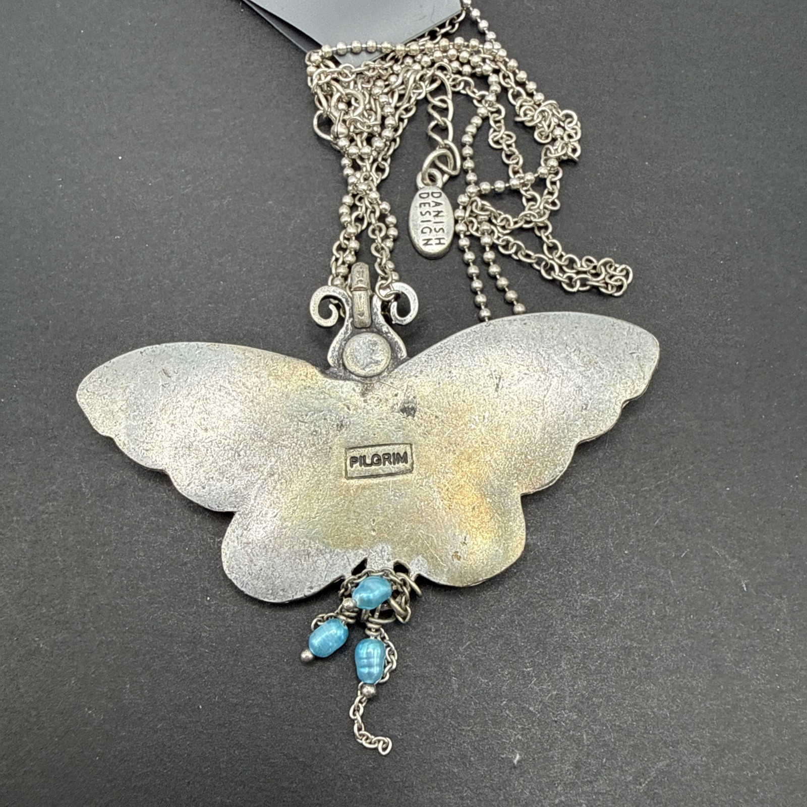 Pilgrim Danish Design Signed Butterfly Necklace Silver Tone C81c