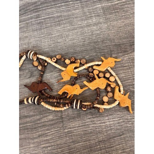 Vintage 70s Wooden Elephant Necklace Multi Strand Coconut Shell Bead Boho Brown