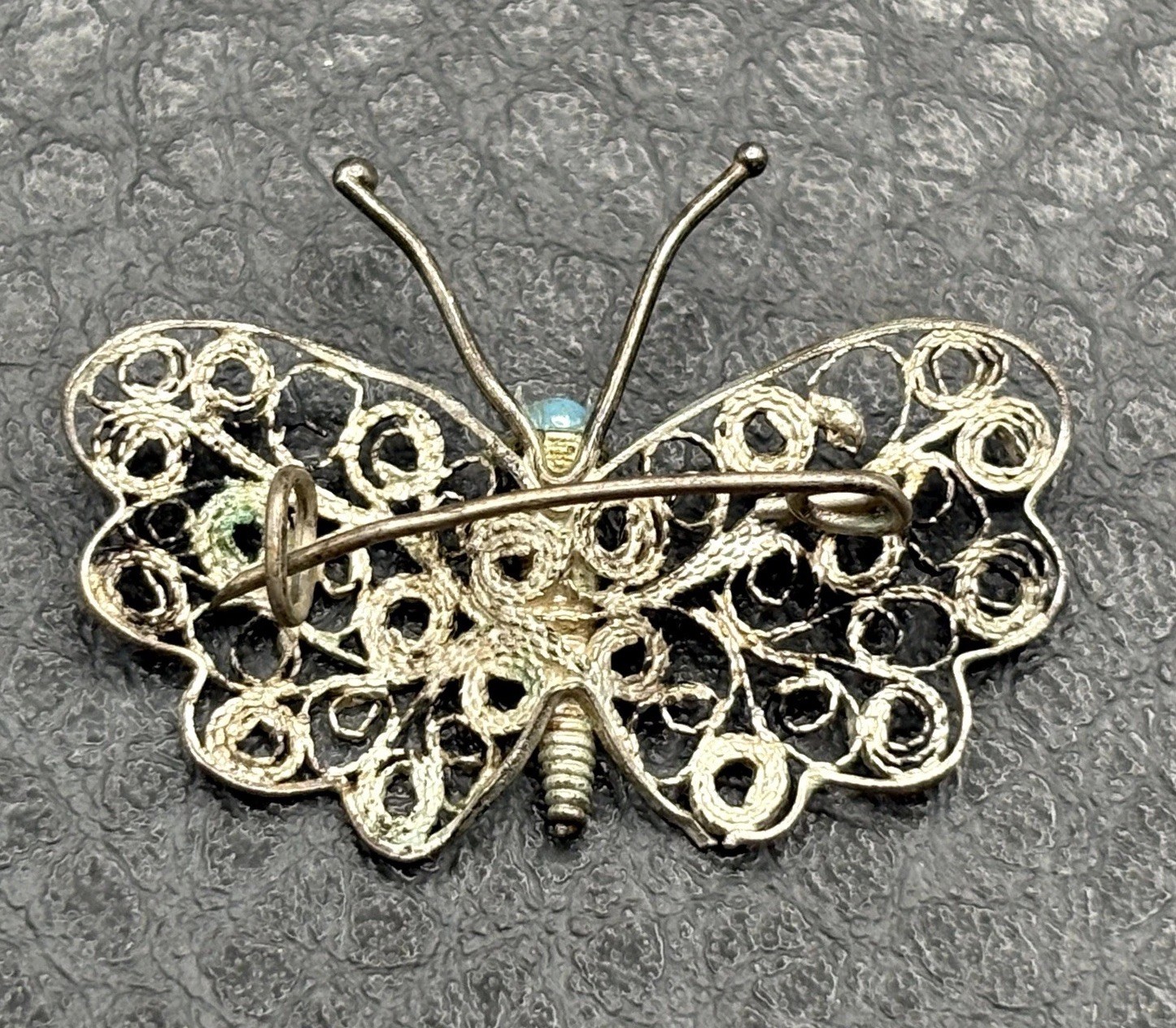 Vintage Sterling Silver Spun Filigree Butterfly Brooch Blue Stone Pin