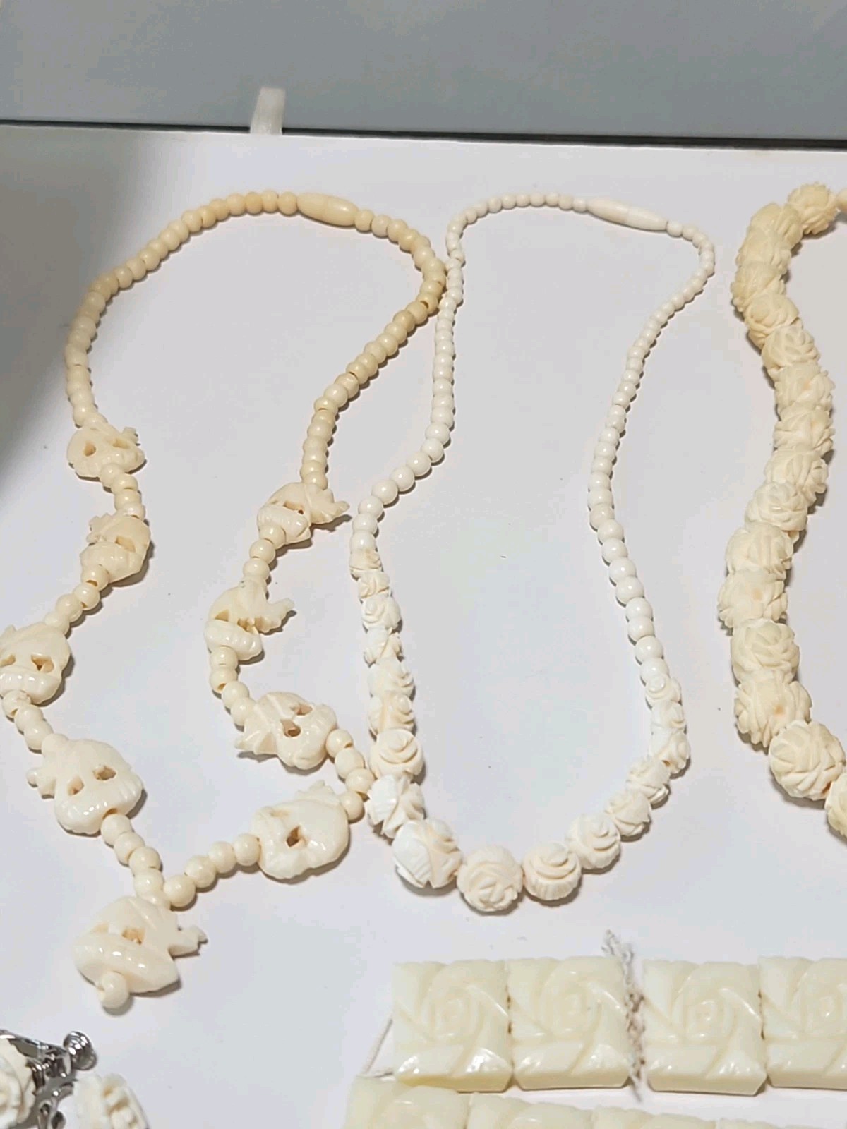 Vtg LOT Graduated Carved Rose Bead Elephant Necklaces Krememtz Rose Brooch ERs +