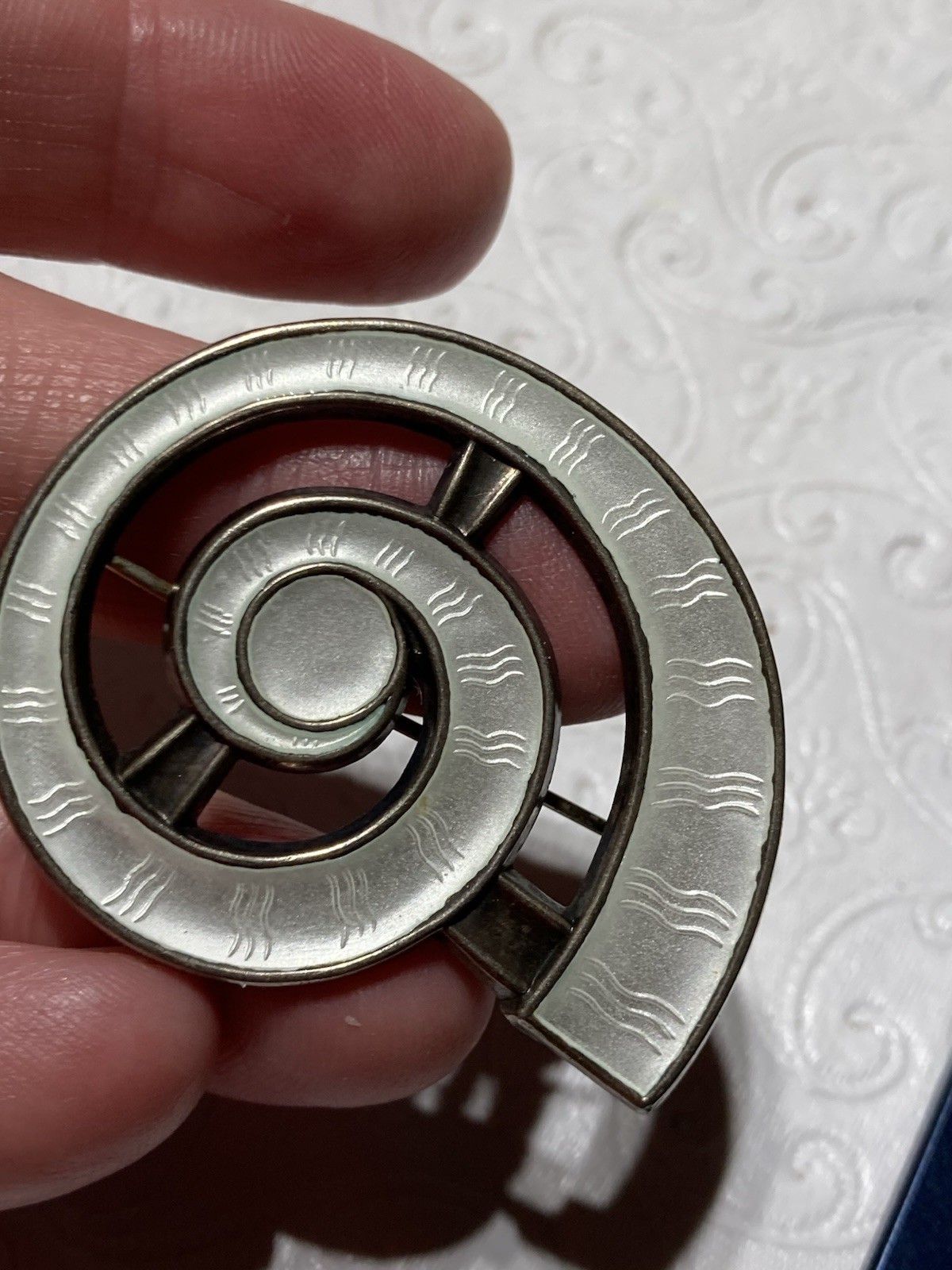 J Tostrup Sterling Guilloche Bright White Enamel Modernist Spiral Brooch/Pin VTG