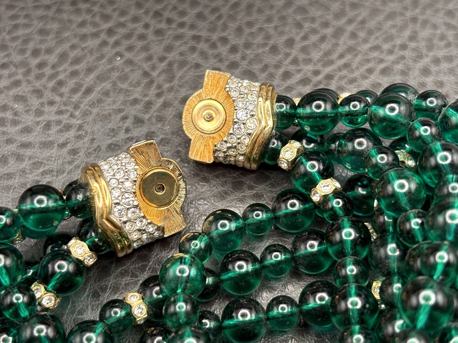 RARE SWAROVSKI VTG Multi Strand Green Crystal Glass Beaded Mogul Necklace 36”