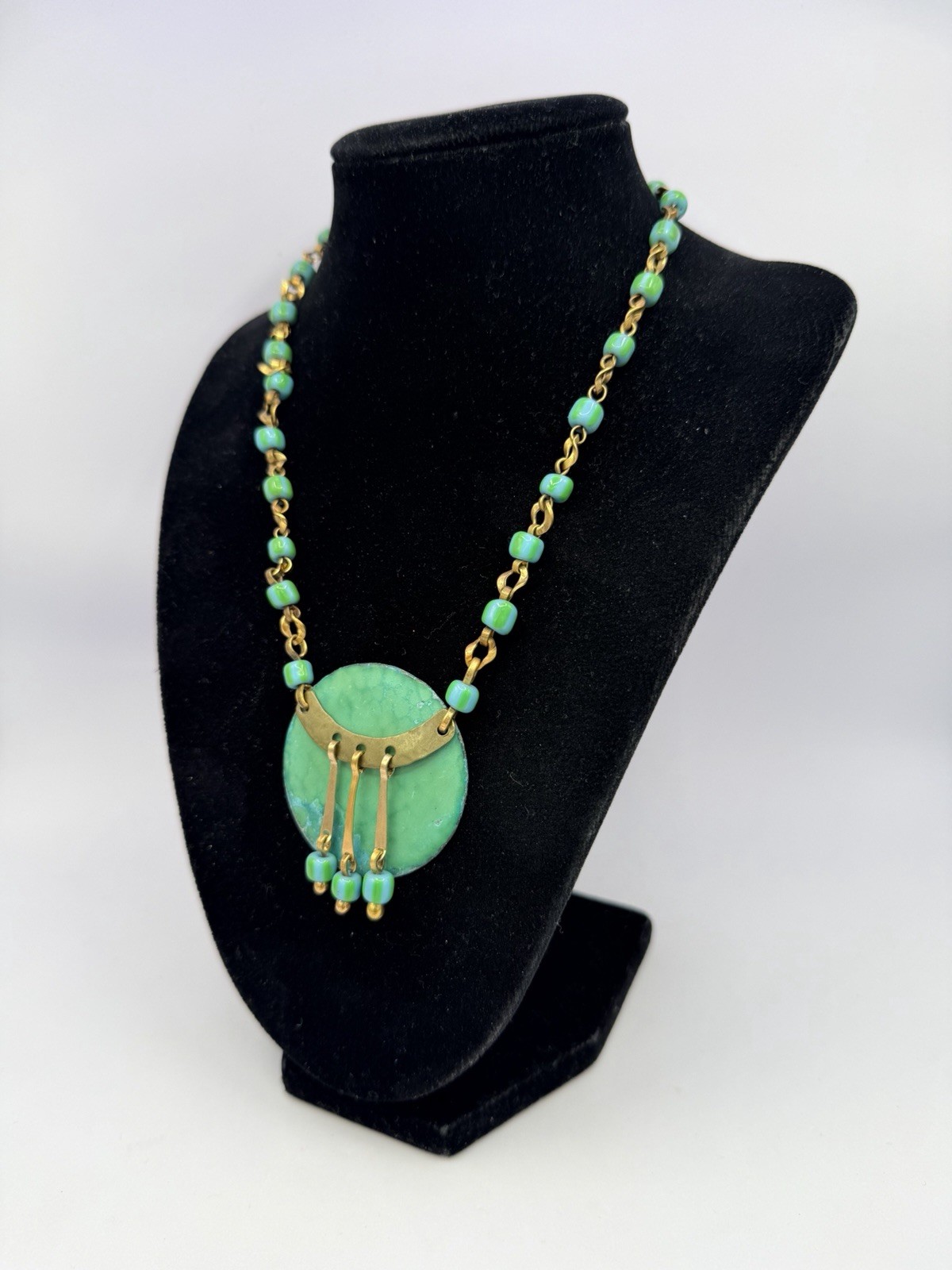 Vintage Oxidized Green OOAK Handmade Chain Statement Collar Necklace 15” DbG Z