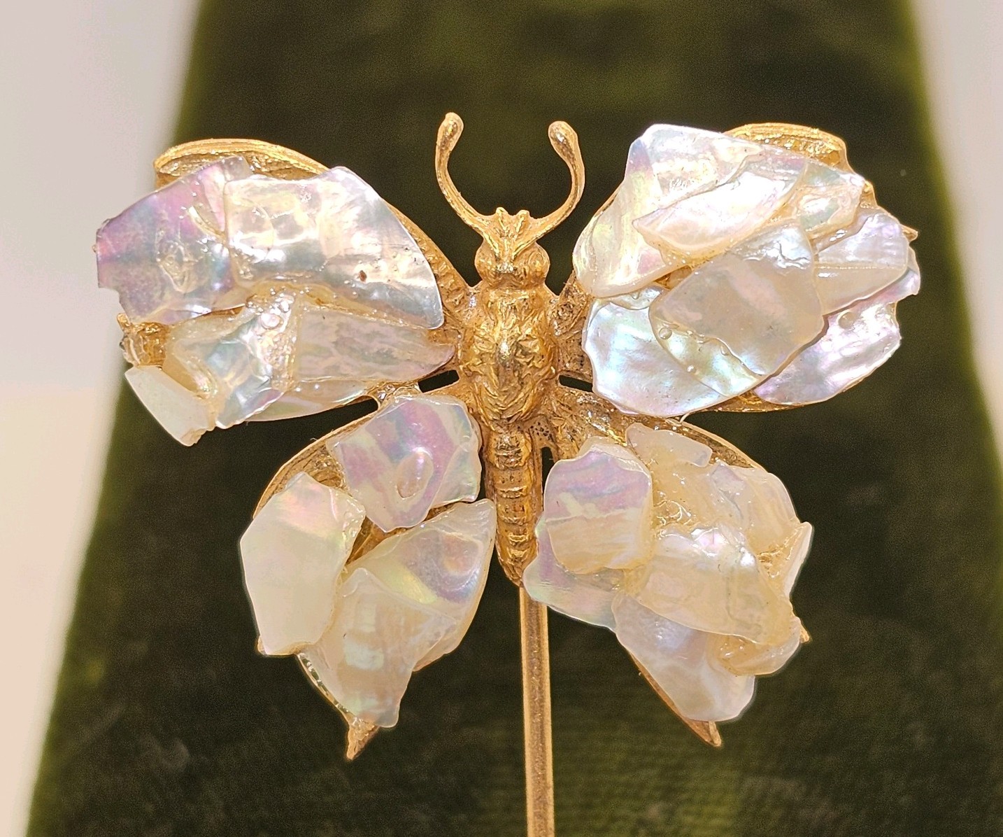 Antique Art Nouveau Gold Plated Brass + Mother Of Pearl Butterfly Tie Stickpin