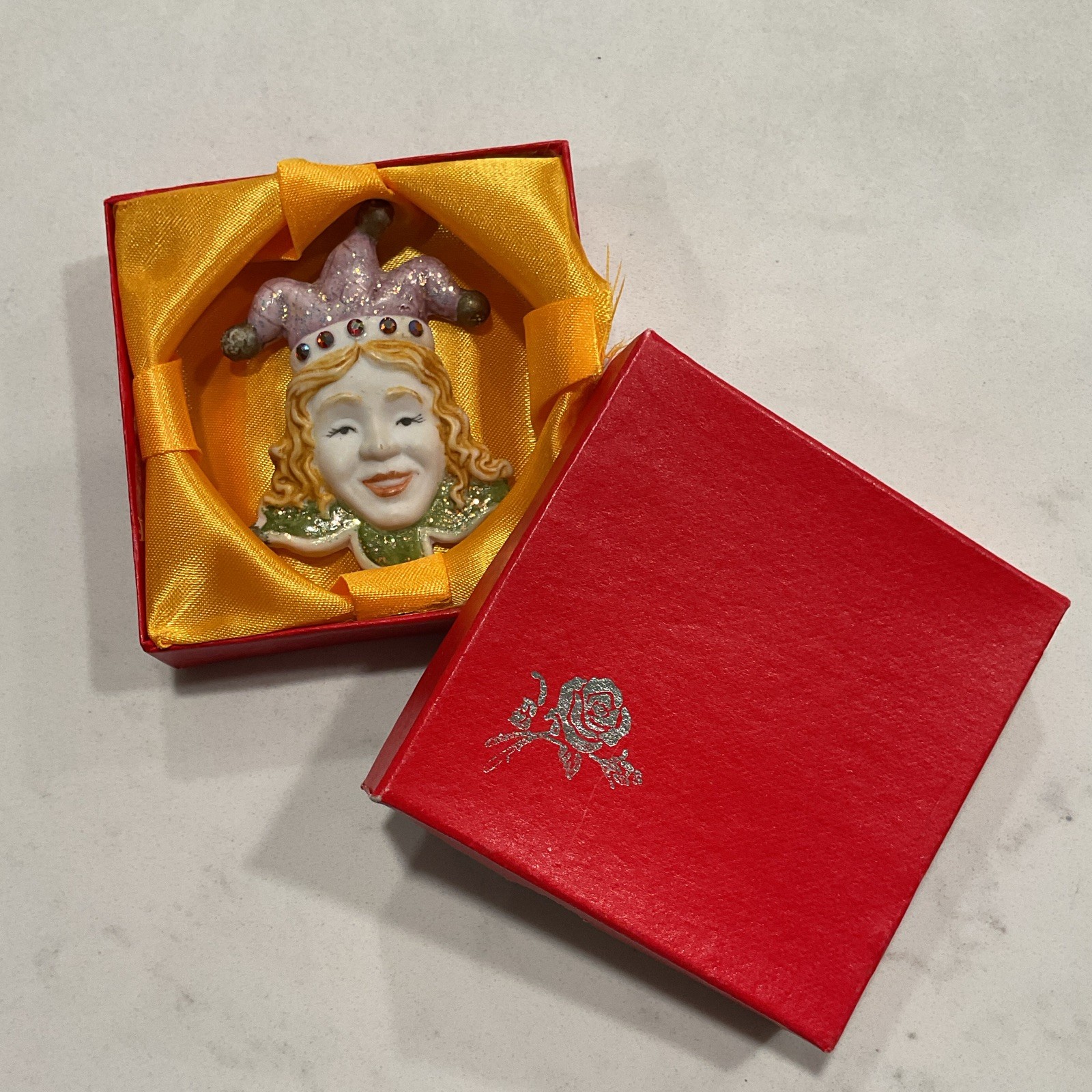 Signed 1989 Jester Ceramic Brooch Pin w/ Multicolor Rhinestones 3 in