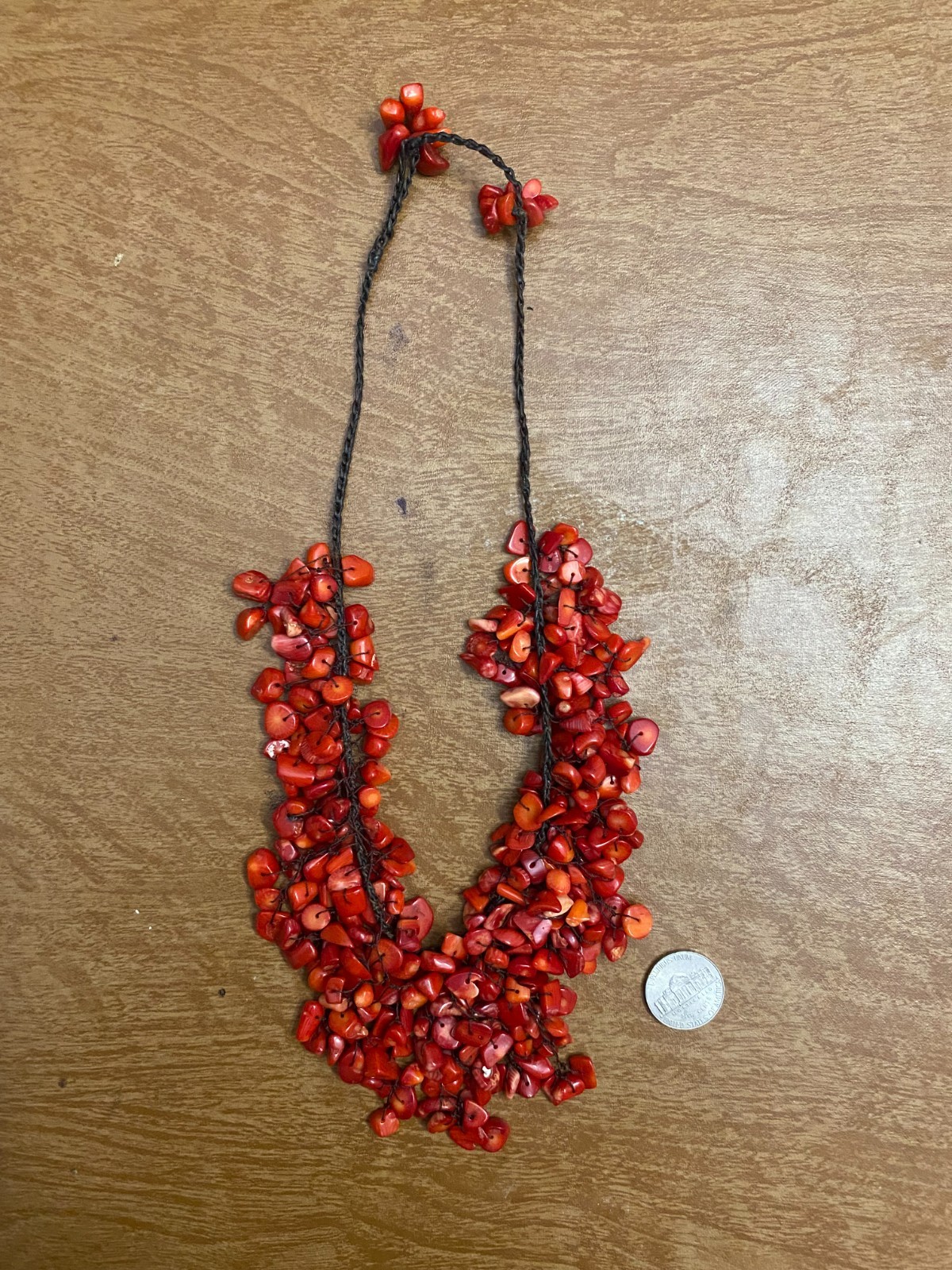 Vintage Single Strand Sliced Red Coral Bib Statement Bead Necklace -Adj