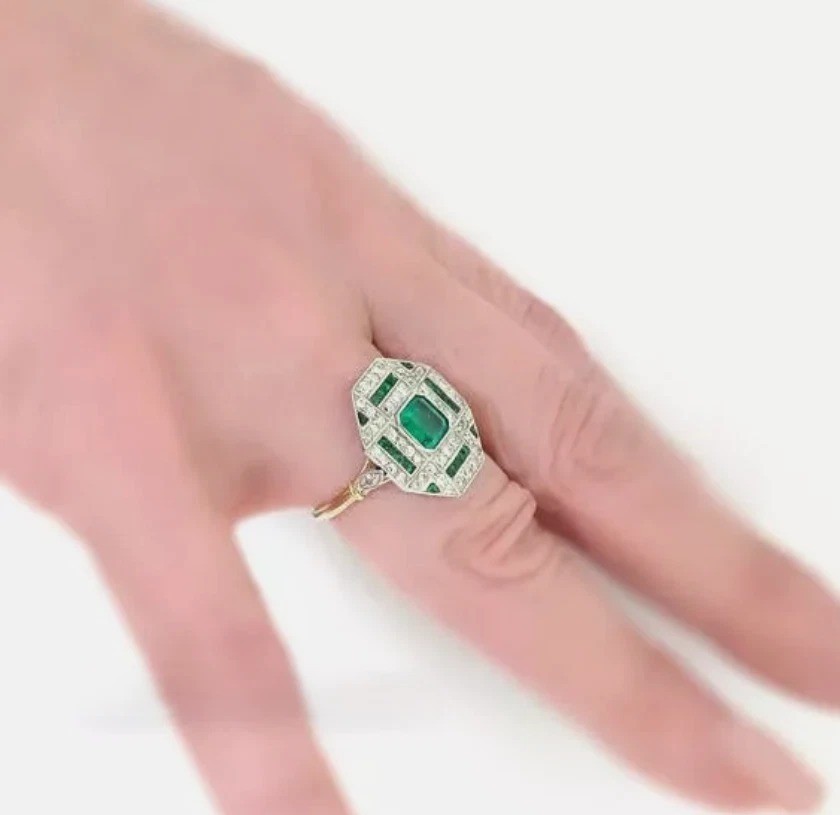 3.55CT Art Deco Style Green Lab Created Emerald Engagement 14K Gold Finish