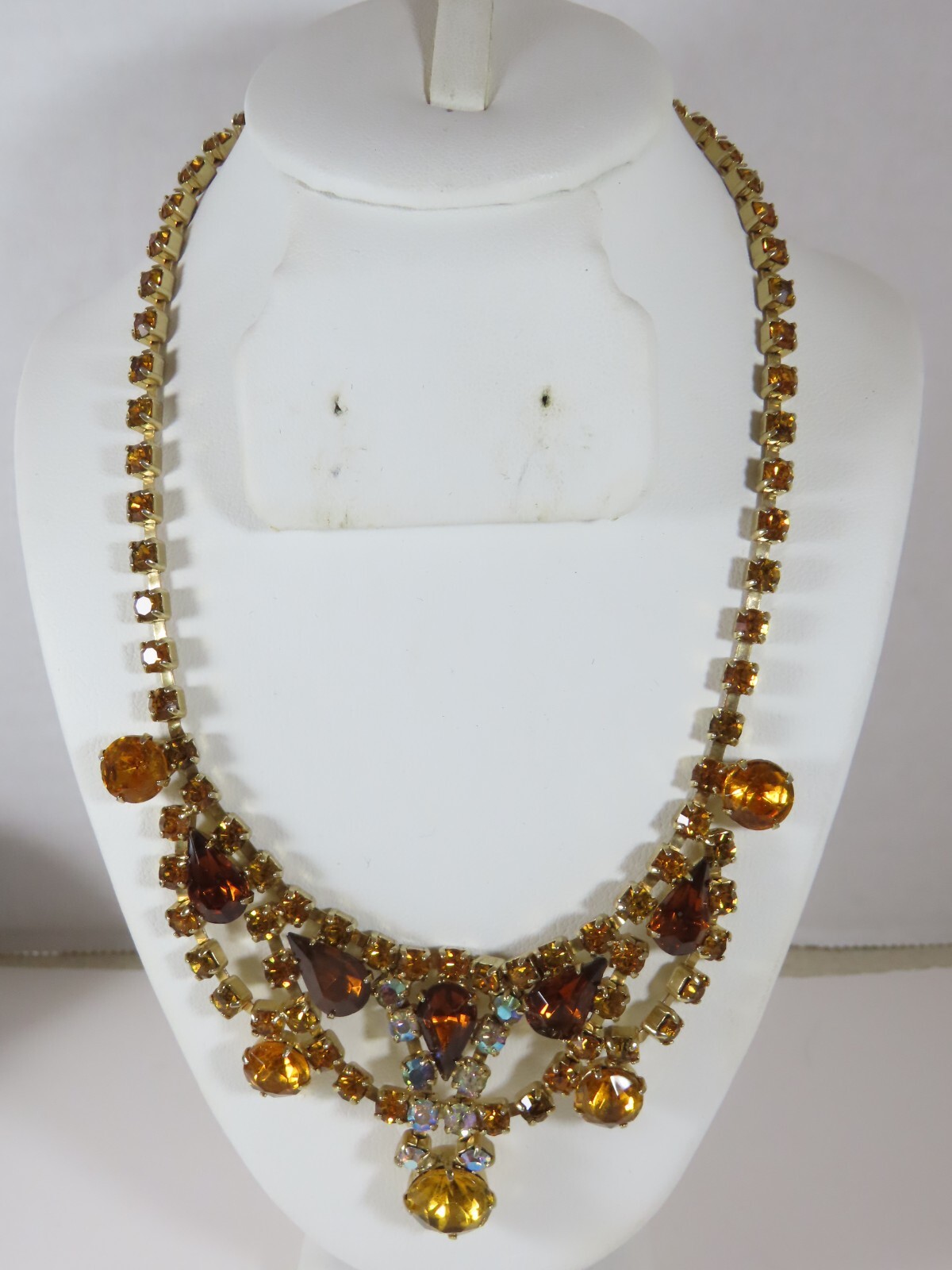 Rhinestone Necklace Golden Amber Brown Topaz AB Crystal VTG Exquisite D1652