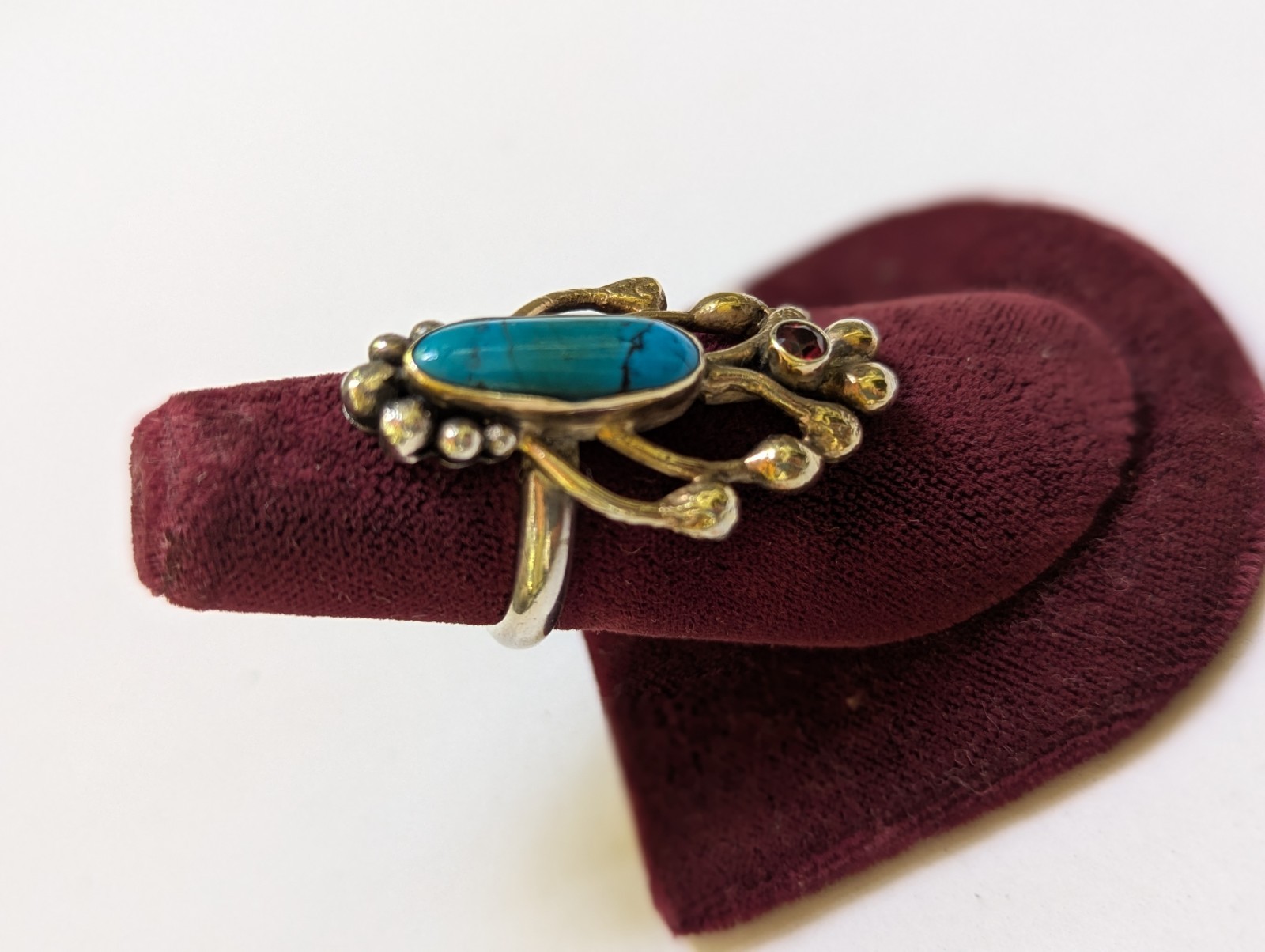 Vintage Turquoise Garnet Ring: 90s Sterling Silver 18K Vermeil Multiple Sizes