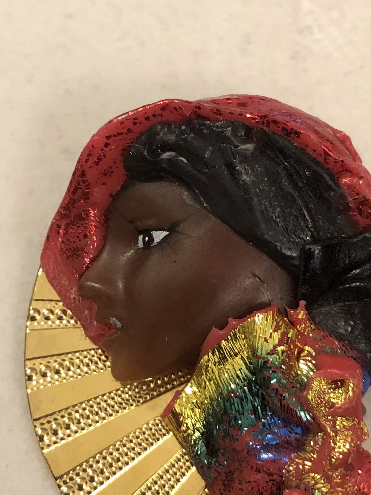 Vintage F Jaretta Lady Head Face Brooch Pin Oil Slick Woman Of Color African