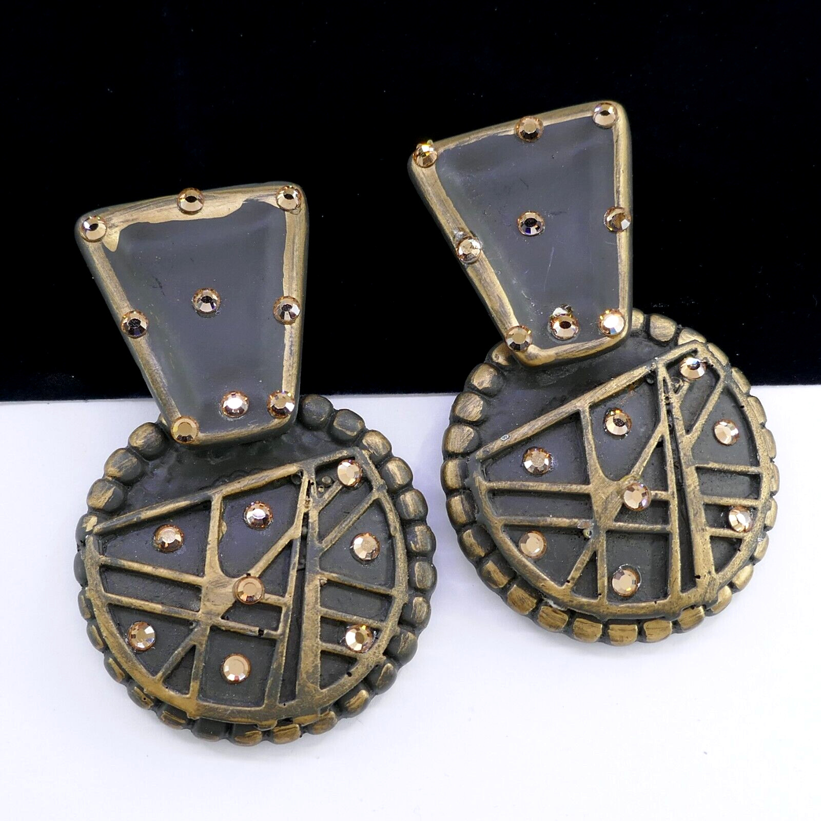 BIG VINTAGE 80S MOD JEFF LIEB TOPAZ CRYSTAL DANGLE CLIP-ON EARRINGS DOOR KNOCKER