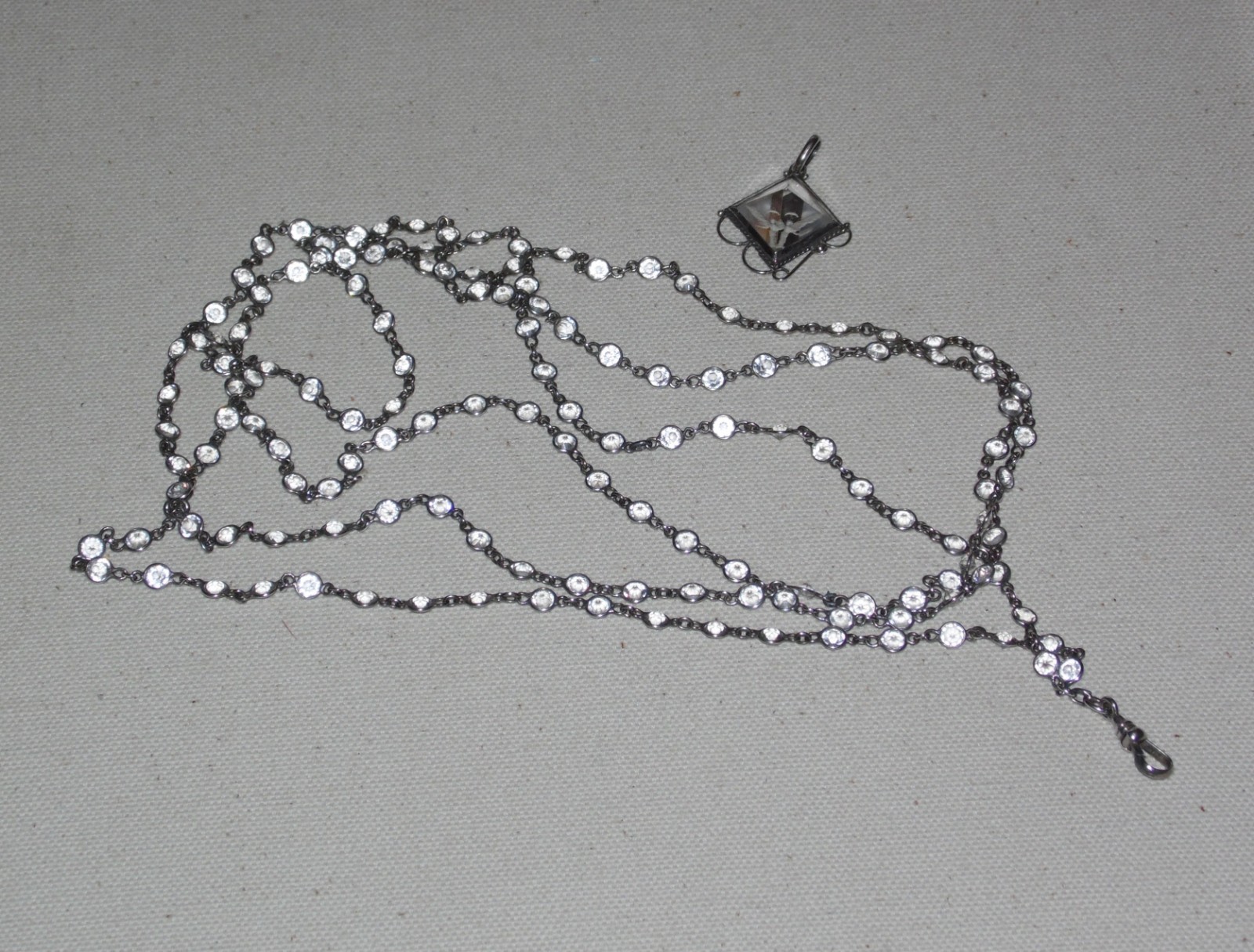 Antique Vintage Sterling Silver open-back faceted Crystal Chain Necklace Fob 63″