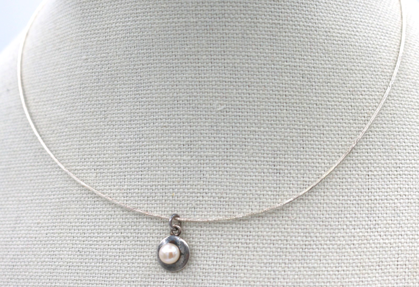 VTG Modernist Sterling Silver 925 Wire Collar Choker Necklace w/ Pearl Pendant