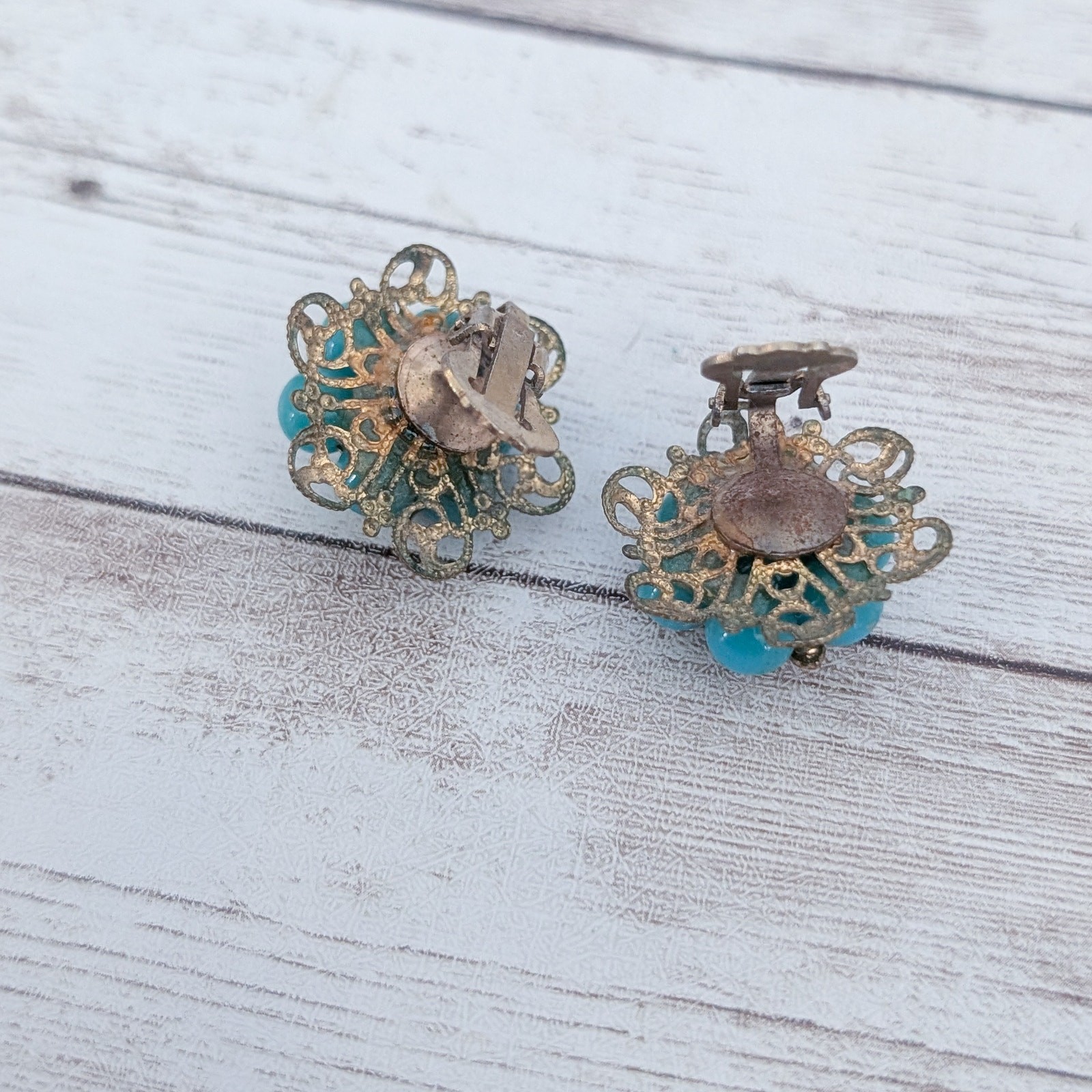 Vintage Clip On Earrings Turquoise Tone, Clear Gem – Clip Repair Needed