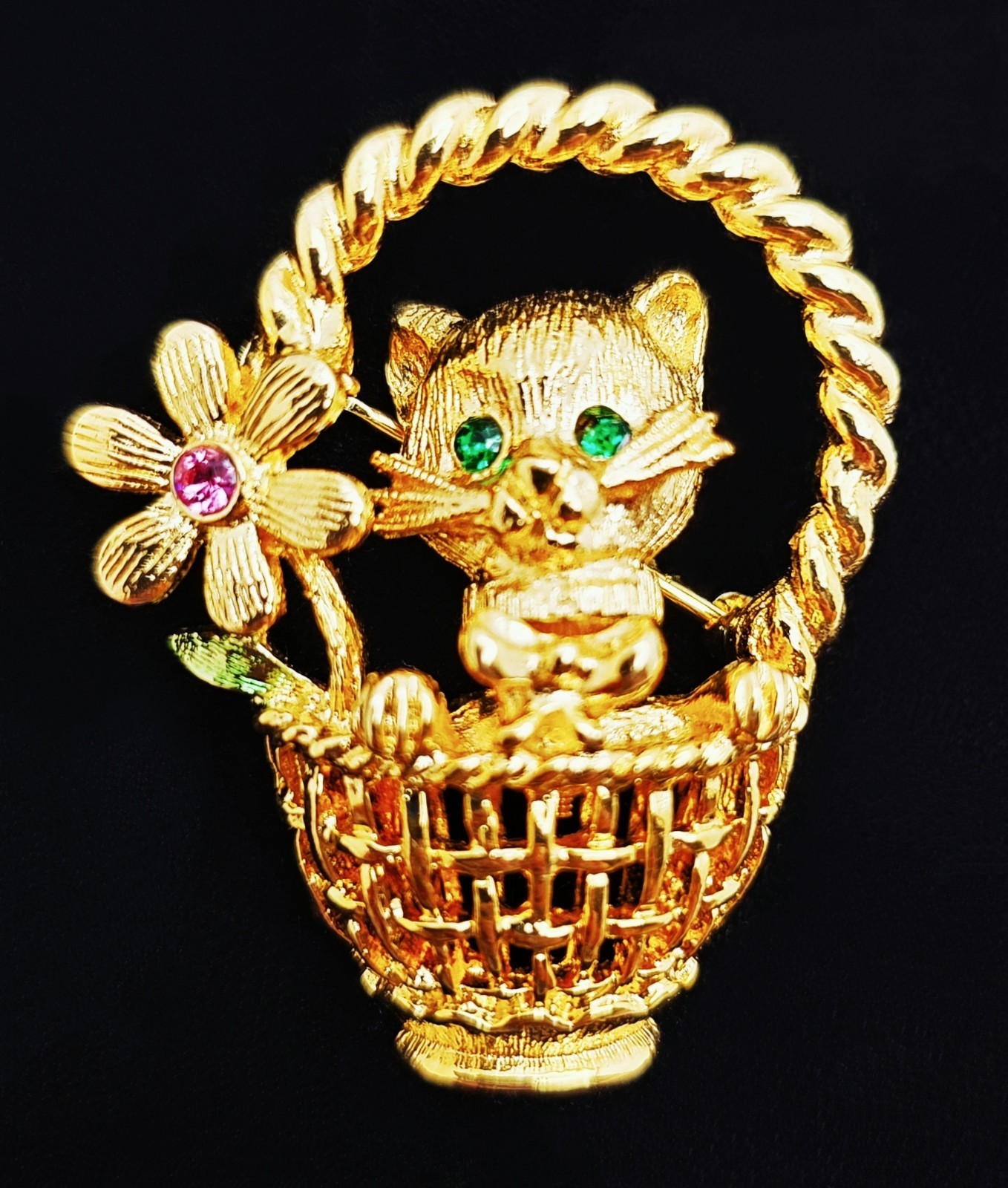 Vintage Signed Trifari Rhinestone Kitten / Cat in Flower Basket Trembler Brooch