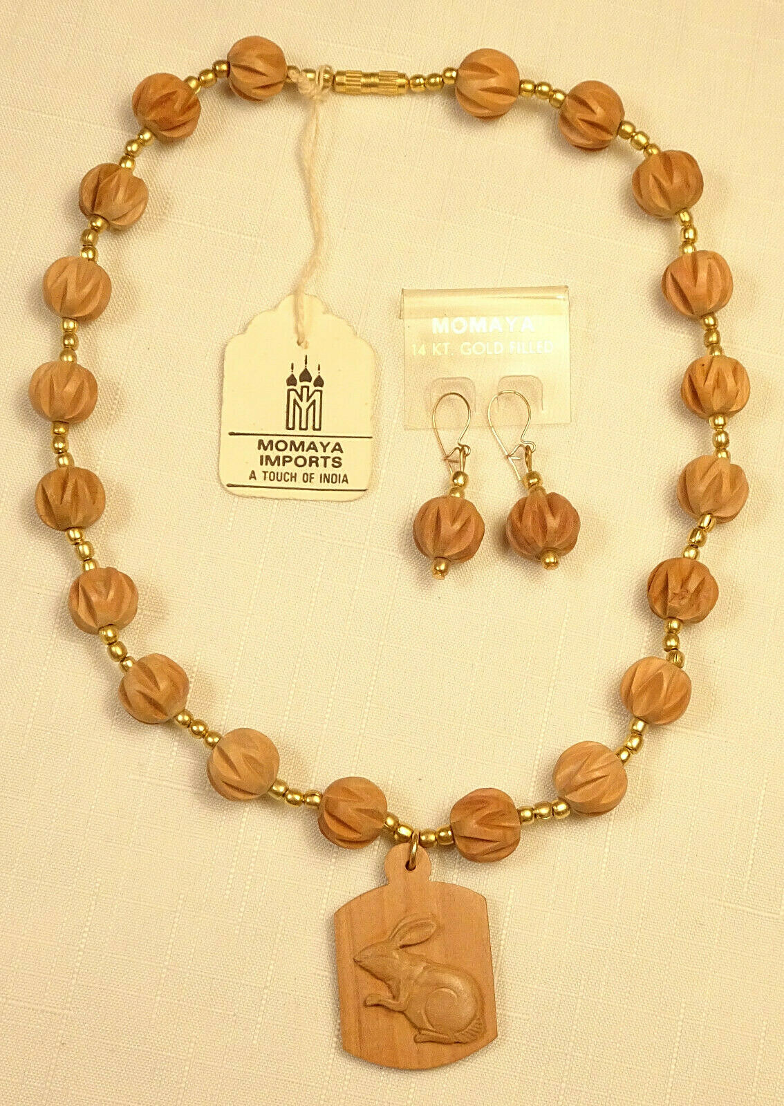 Rabbit Necklace & Earrings Set 14K Gold Filled Sandalwood NOS Tags Momaya India